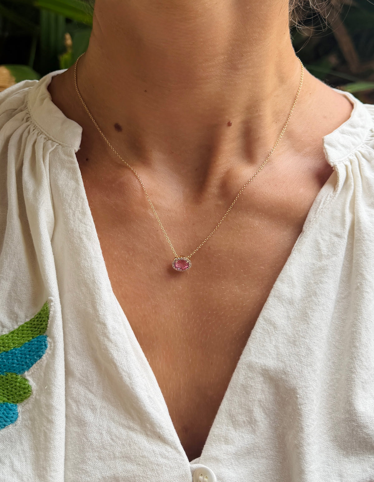 Pink Tourmaline with Diamond Halo Pendant Necklace