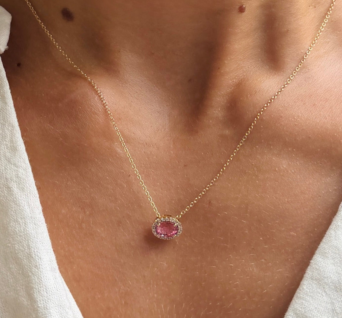 Pink Tourmaline with Diamond Halo Pendant Necklace