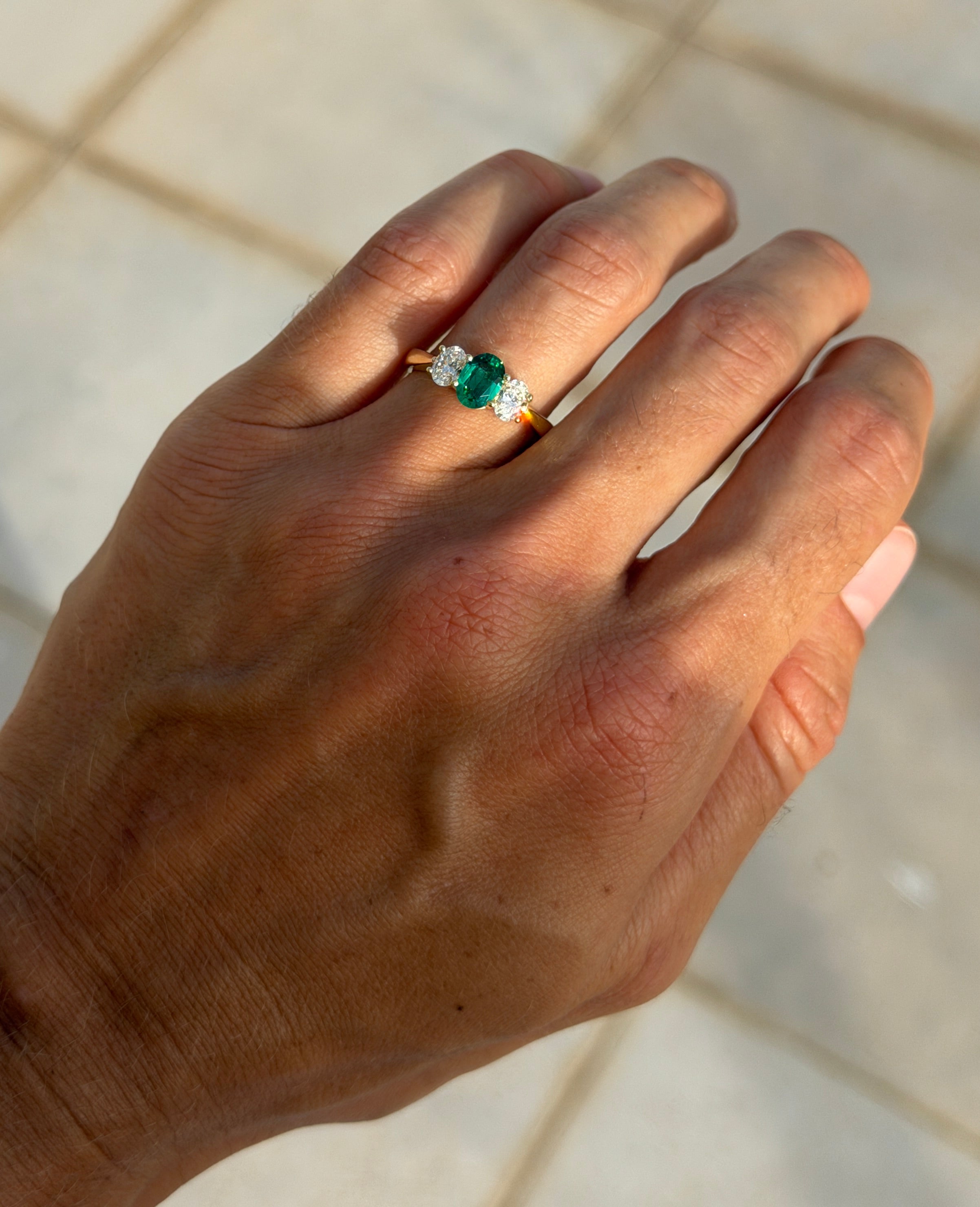 Emerald Ring with Oval Diamond Accents - 18kt Gold