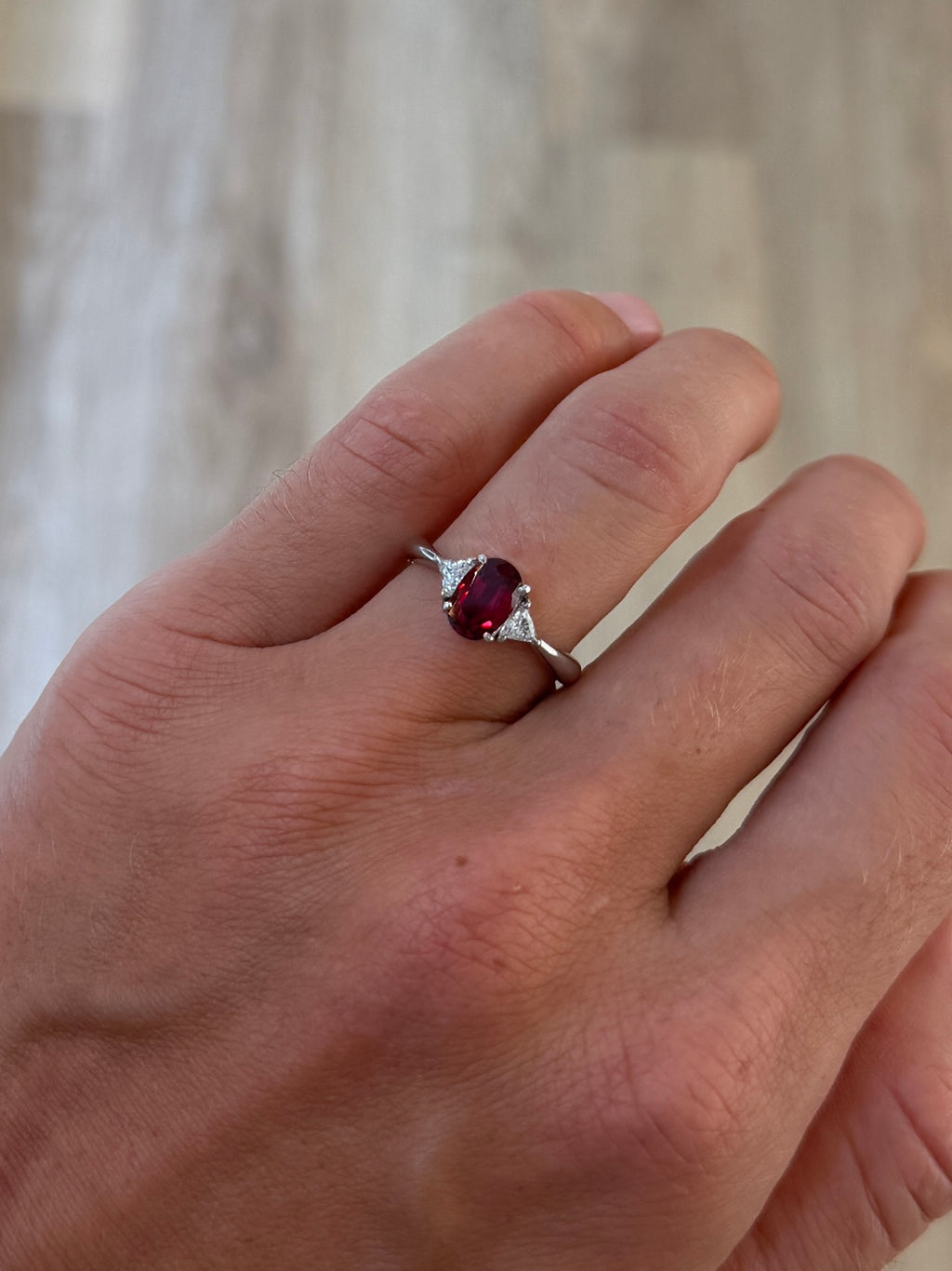 Oval Ruby and Trillion Cut Diamond Ring