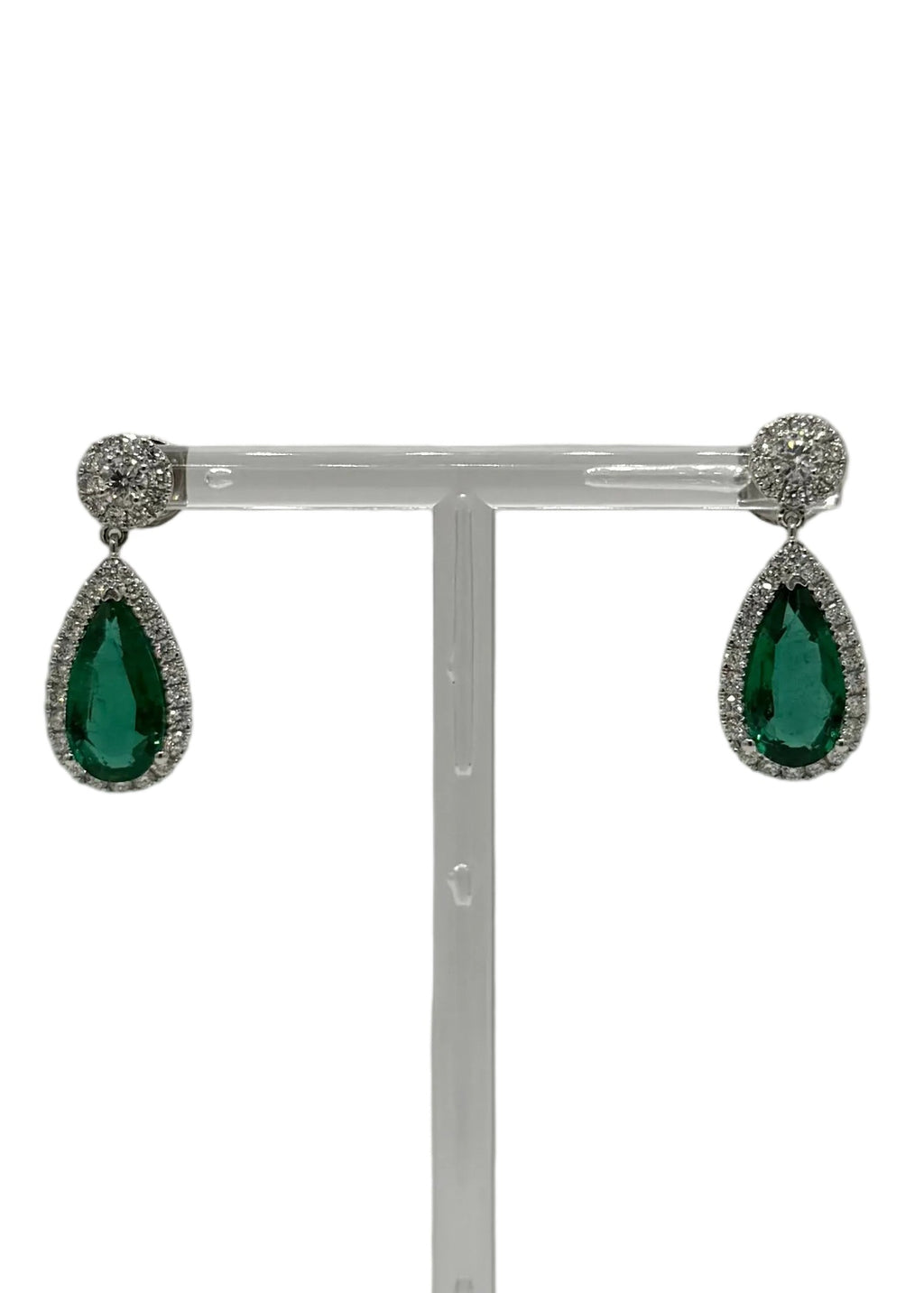 Emerald Tear Drop Earrings with Diamond Halo