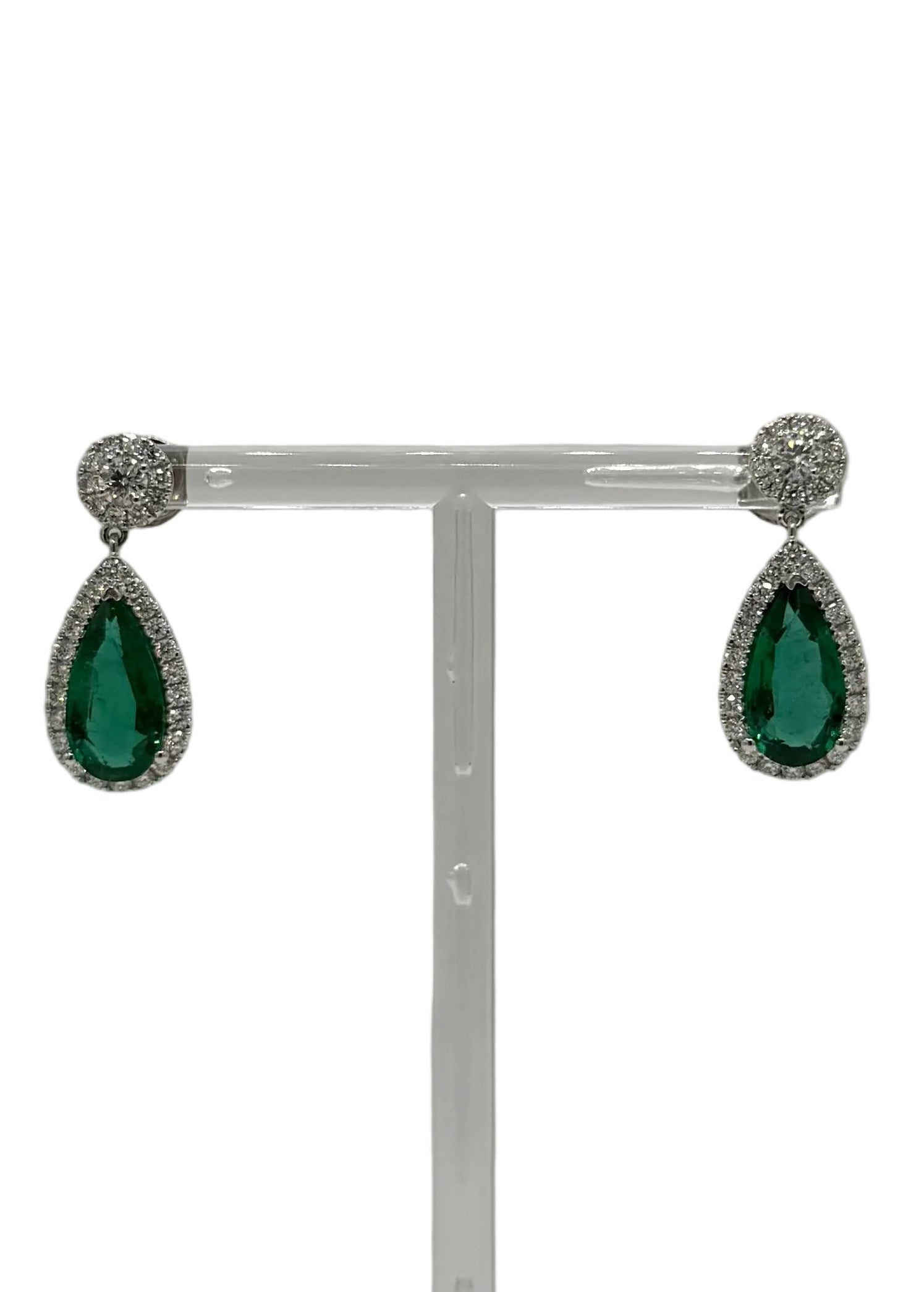 Emerald Tear Drop Earrings with Diamond Halo