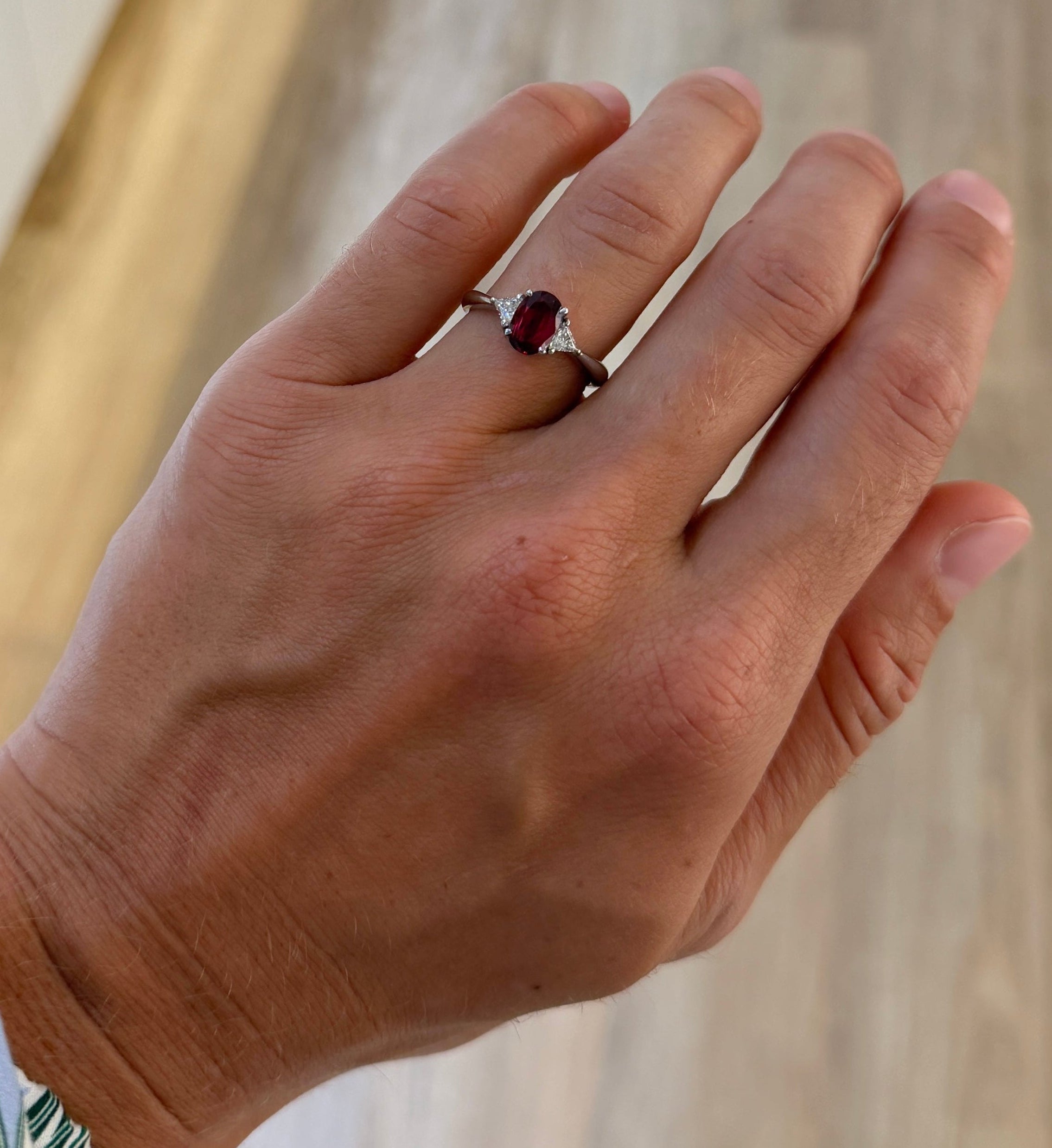 Oval Ruby and Trillion Cut Diamond Ring