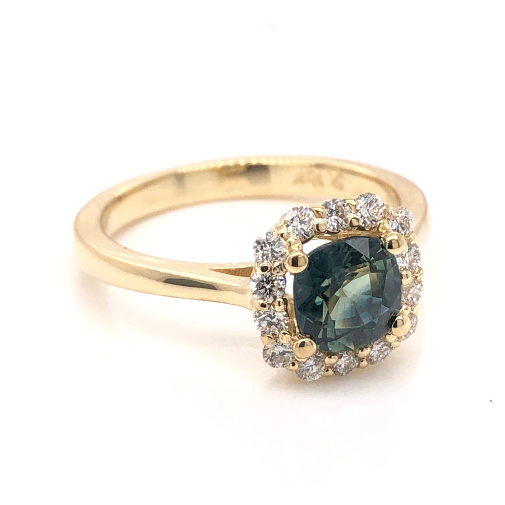 Green Sapphire and Diamond Ring GIA Certified Natural Unheated Sapphire
