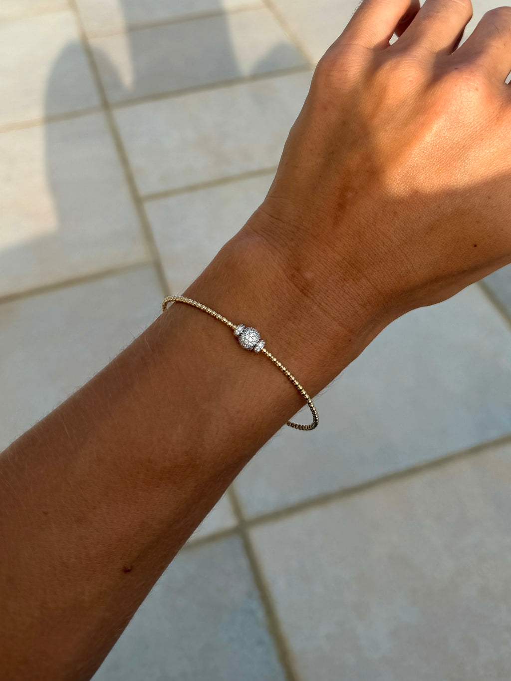 Beaded Flexible Bangle Bracelet with Pavé Diamond Sphere