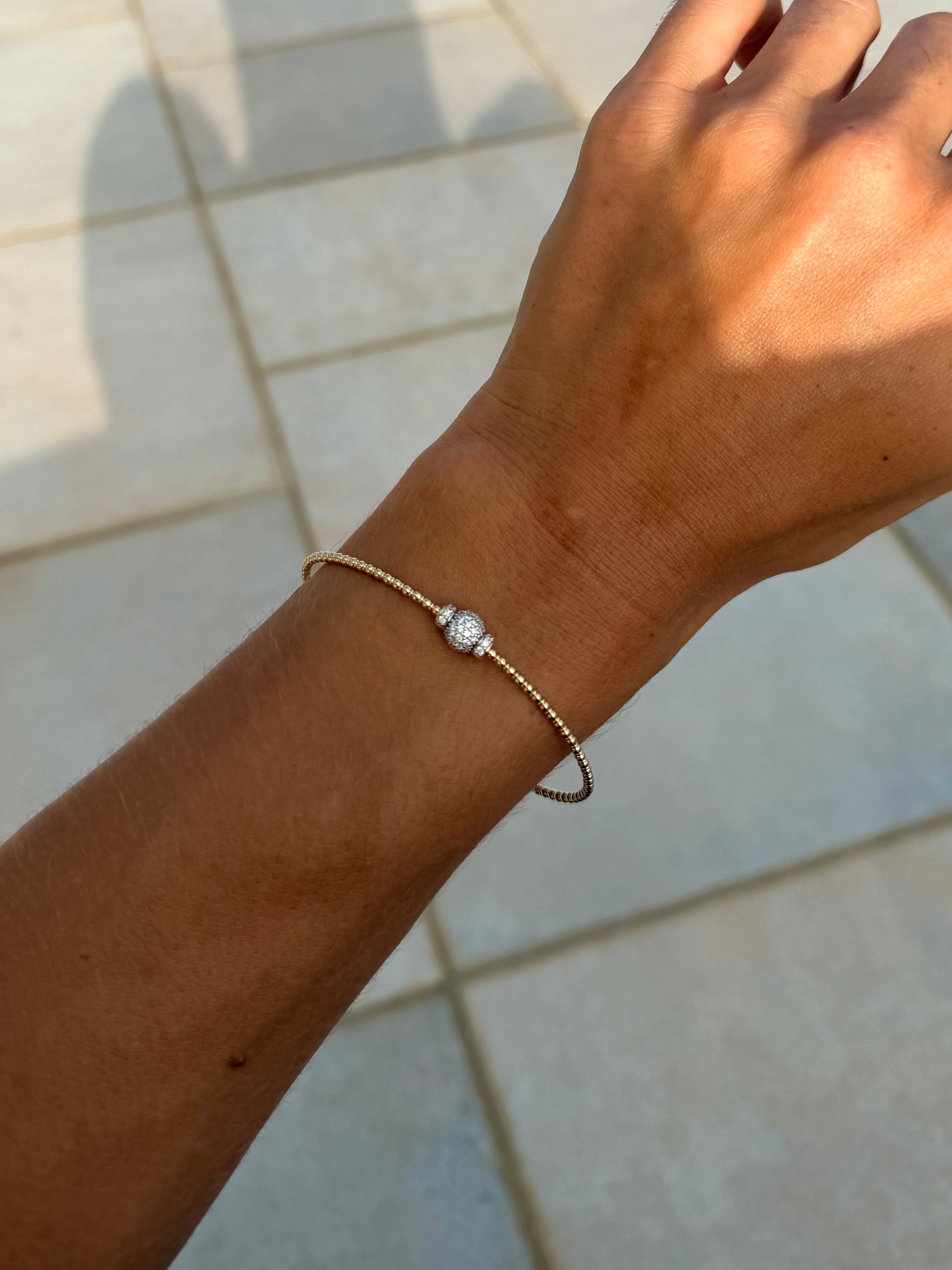 Beaded Flexible Bangle Bracelet with Pavé Diamond Sphere