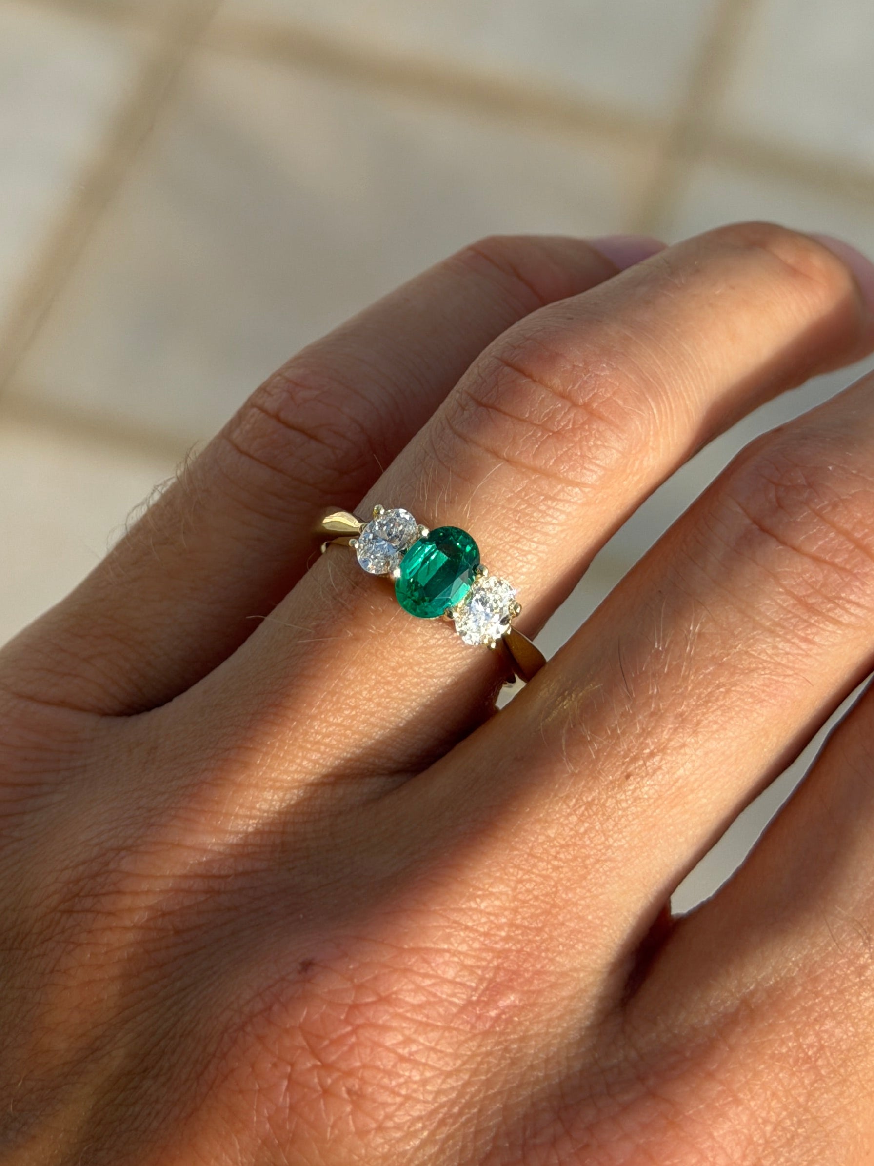 Emerald Ring with Oval Diamond Accents - 18kt Gold