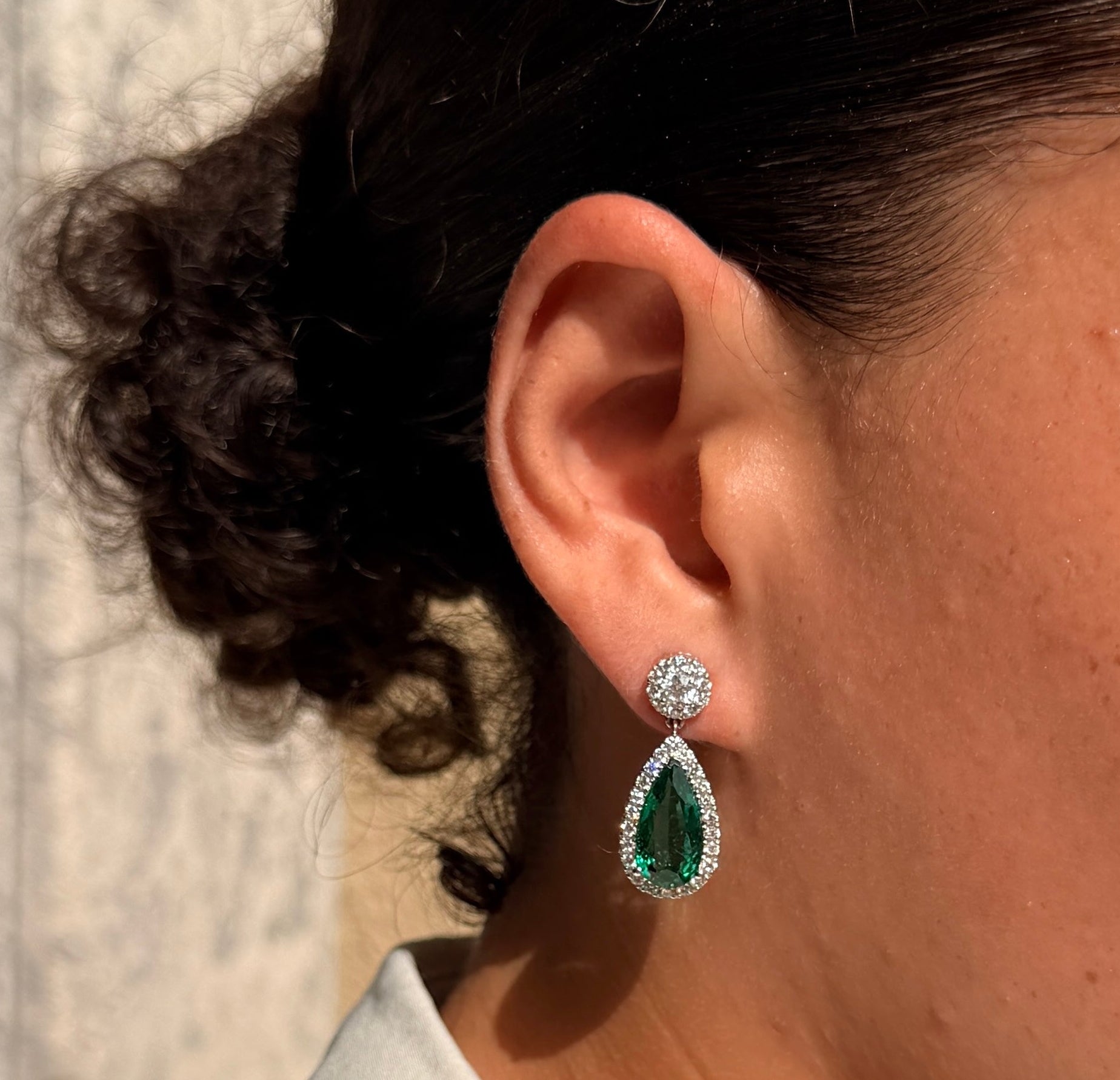 Emerald Tear Drop Earrings with Diamond Halo