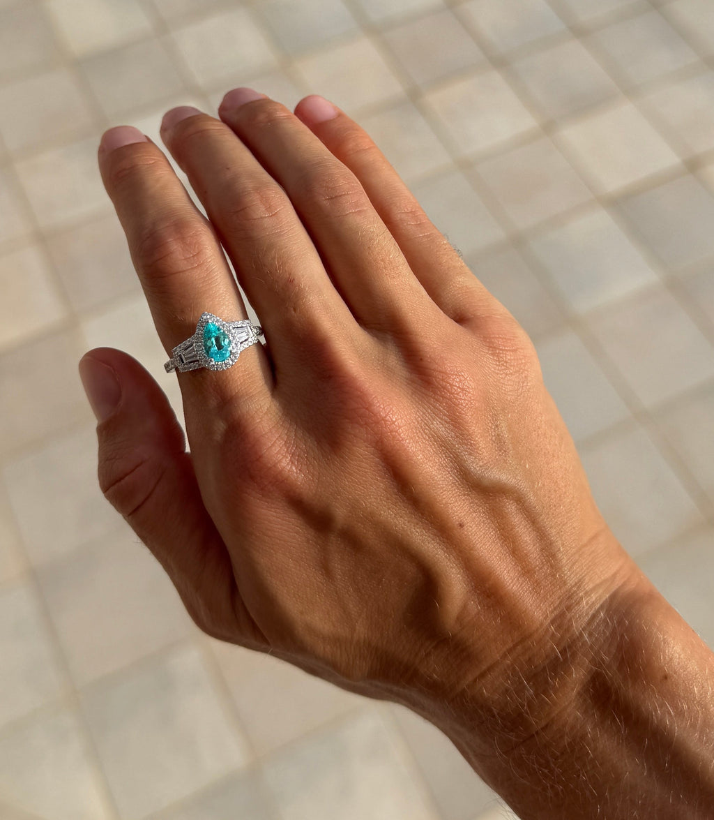 Paraíba Tourmaline Pear & Diamond Ring - GIA Certified Natural
