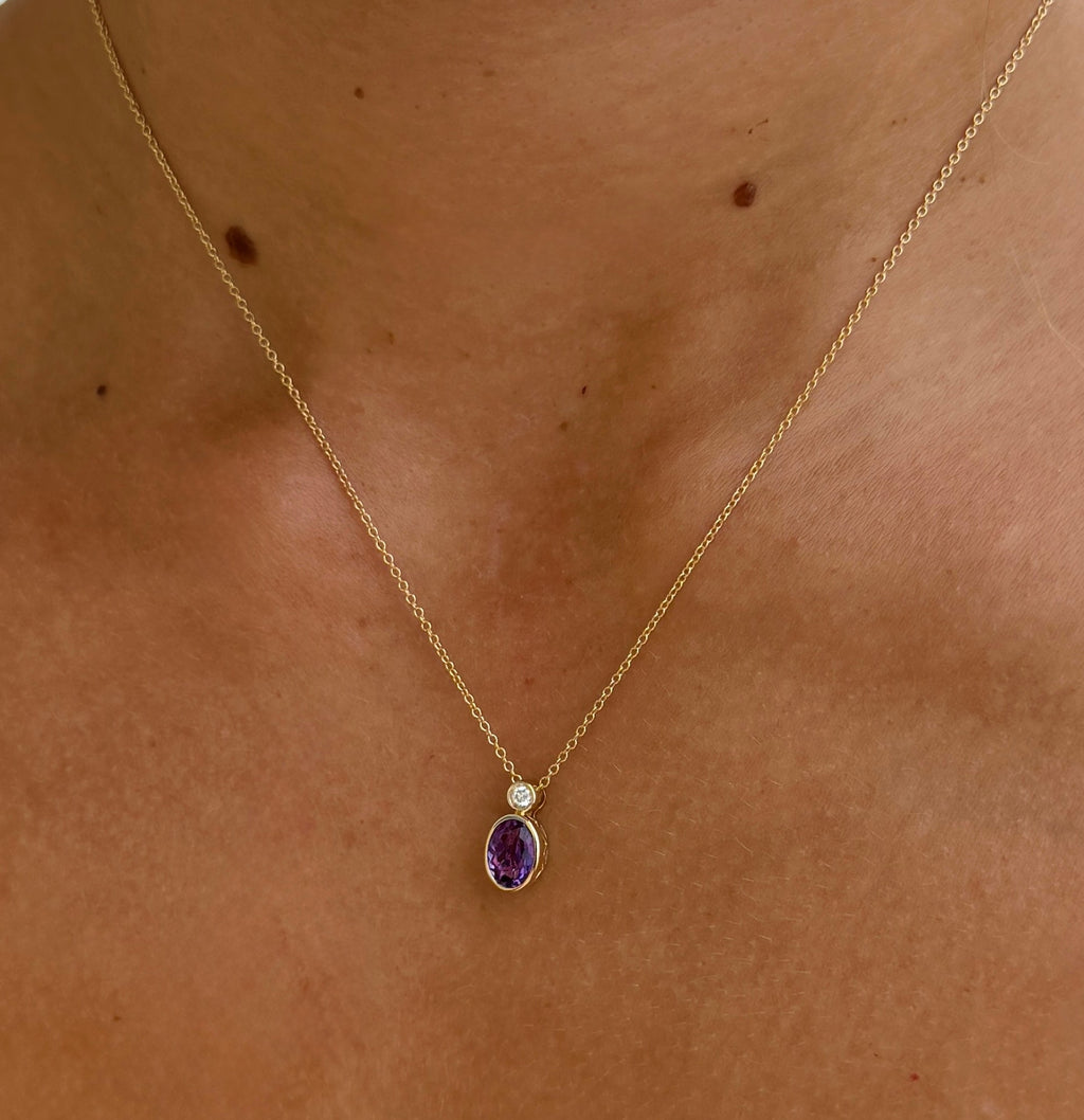 Amethyst and Diamond Bezel Pendant Necklace