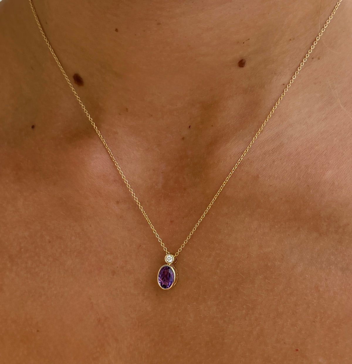 Amethyst and Diamond Bezel Pendant Necklace
