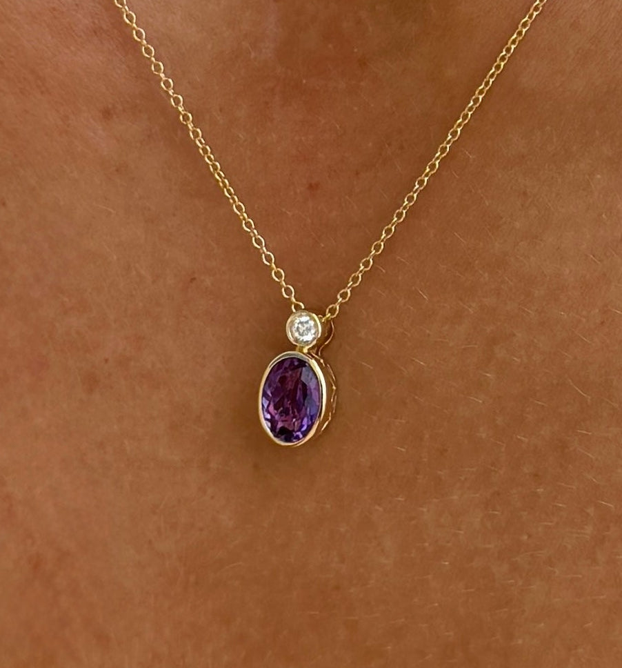 Amethyst and Diamond Bezel Pendant Necklace