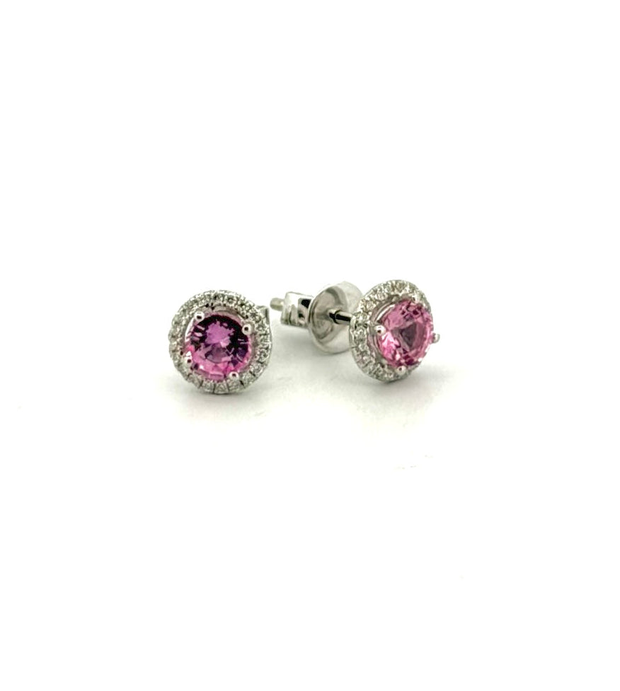 Round Pink Sapphire and Diamond Stud Earrings