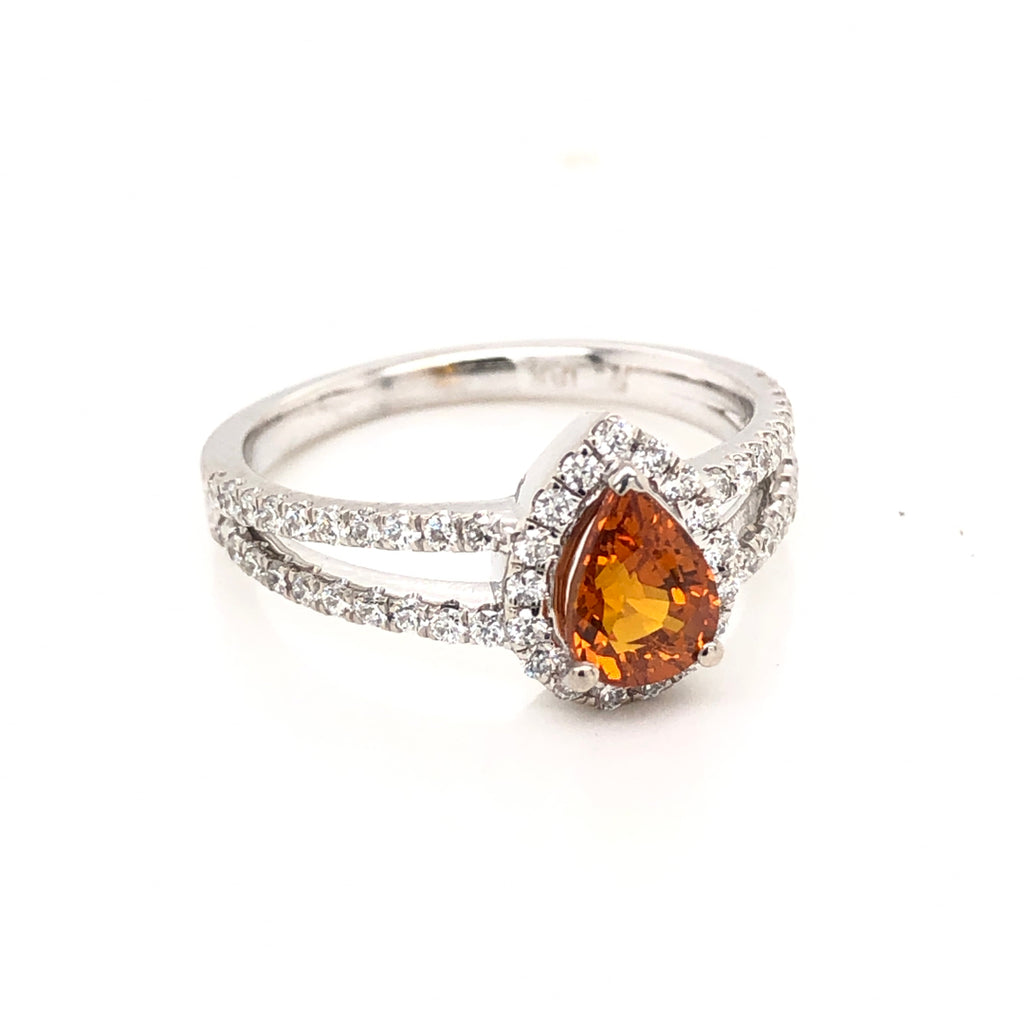 Orange Sapphire Pear and Diamond Halo Ring with Split Shank - GIA Certified Natural