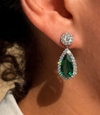 Emerald Tear Drop Earrings with Diamond Halo