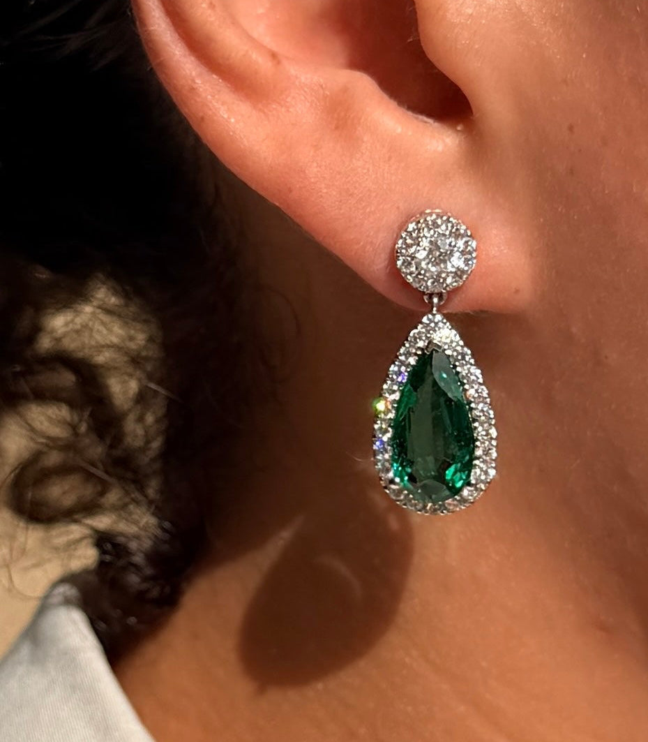 Emerald Tear Drop Earrings with Diamond Halo