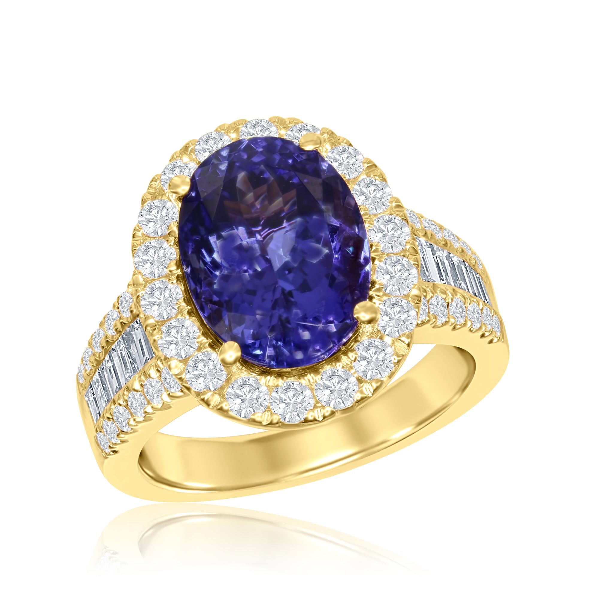 Tanzanite Oval Cocktail Ring with Diamond Halo and Half Eternity Band