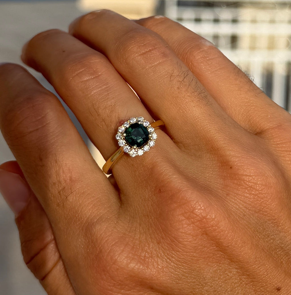 Green Sapphire and Diamond Ring GIA Certified Natural Unheated Sapphire