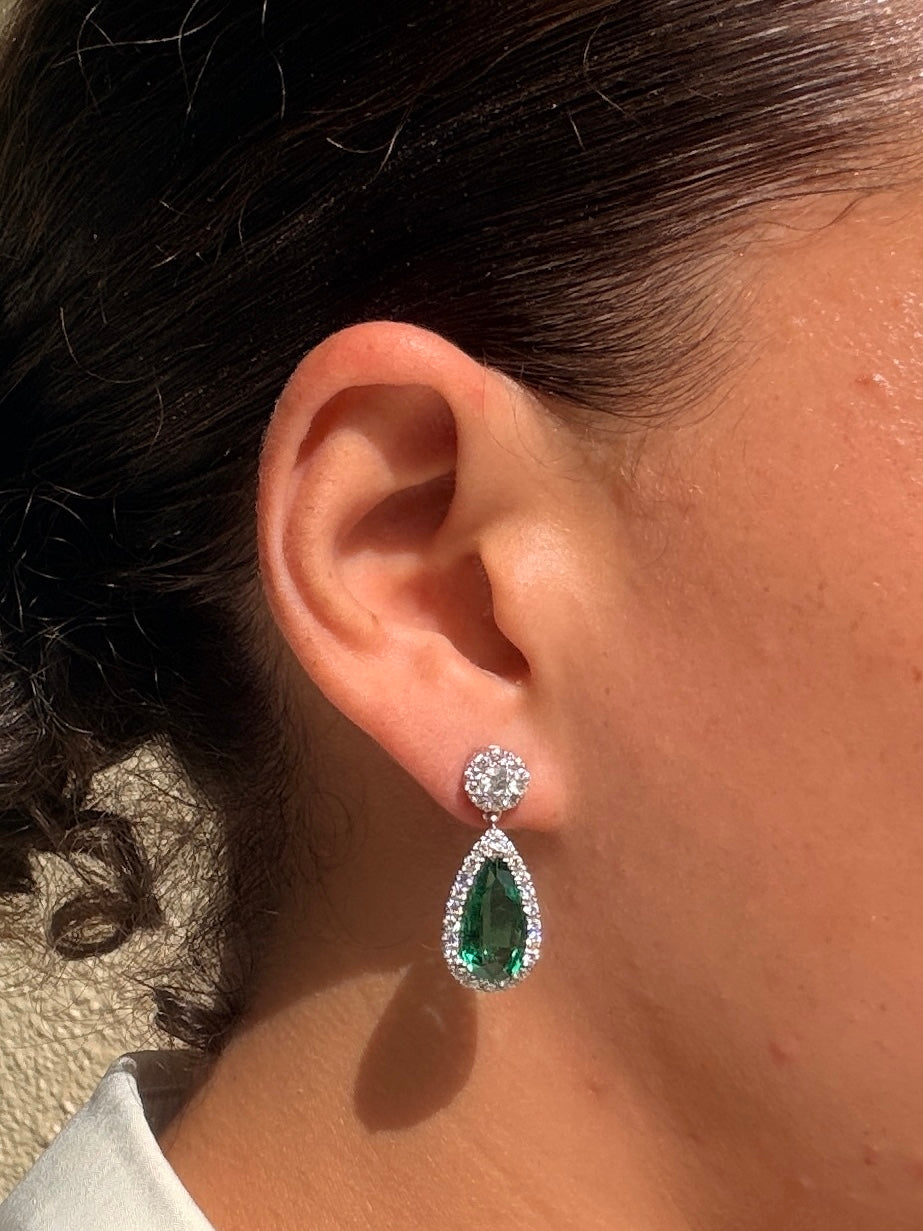 Emerald Tear Drop Earrings with Diamond Halo