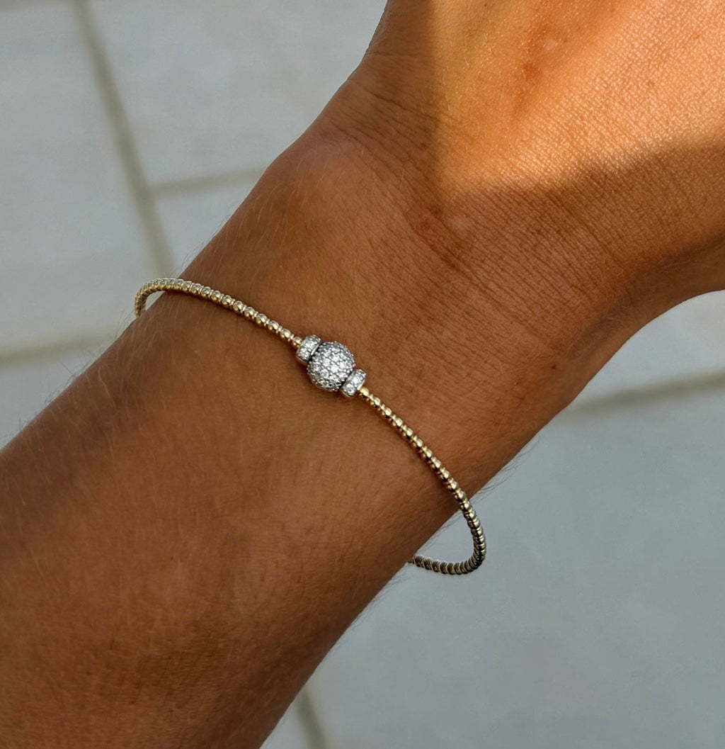 Beaded Flexible Bangle Bracelet with Pavé Diamond Sphere