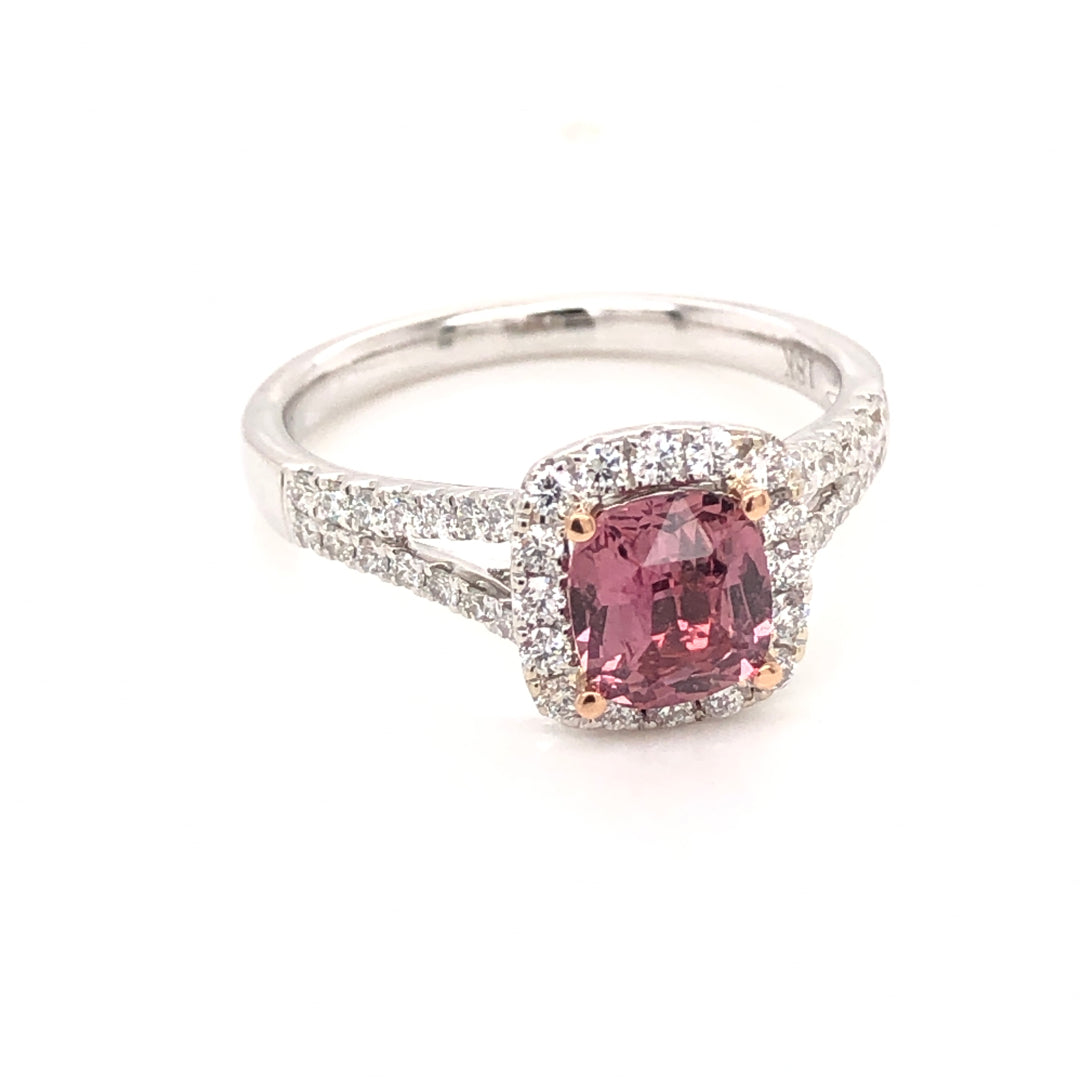 Padparadscha Sapphire Ring with Split Shank and Diamond Halo - GRS Certified Natural
