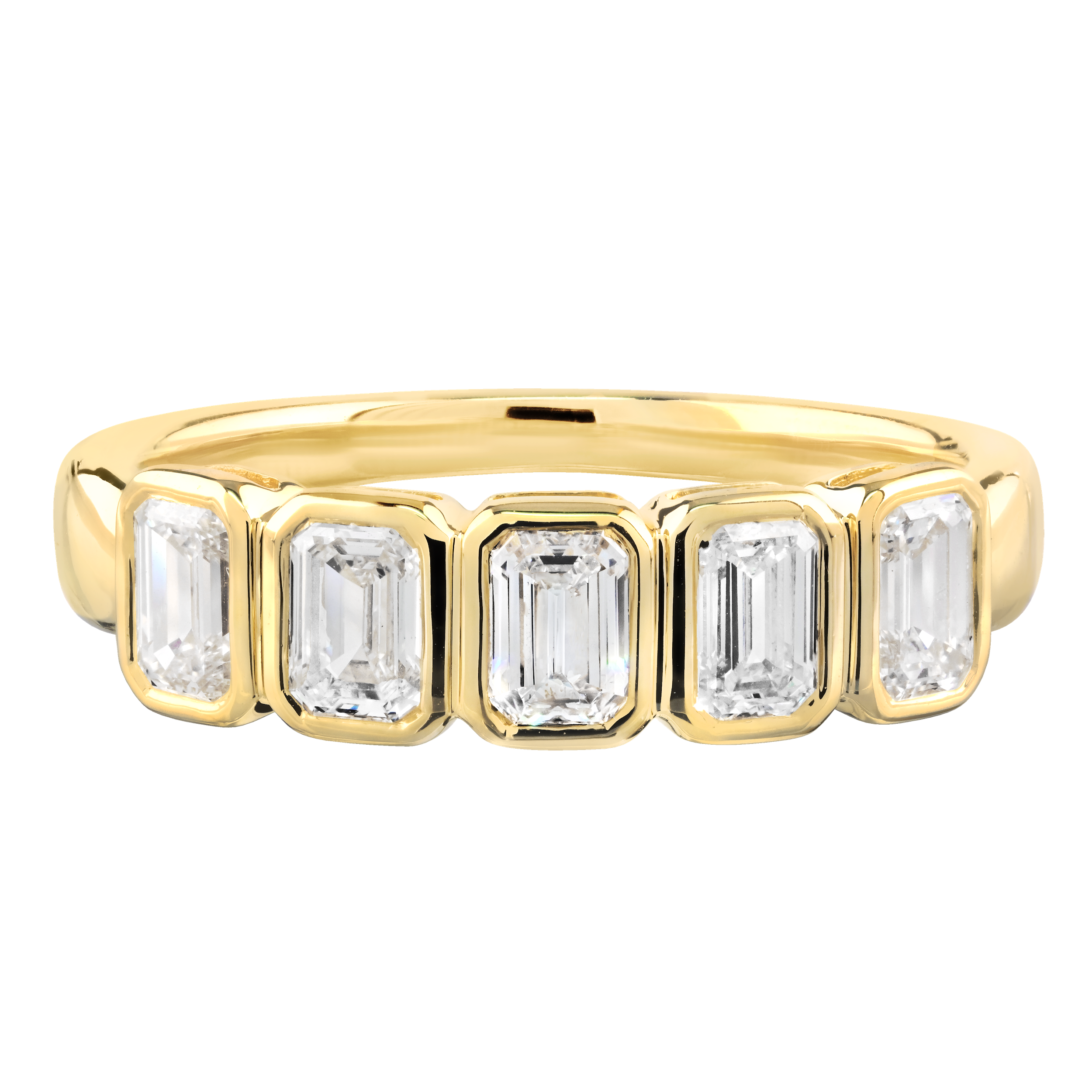 14kt Yellow gold diamond ring with Emerald Cut diamonds bezel set