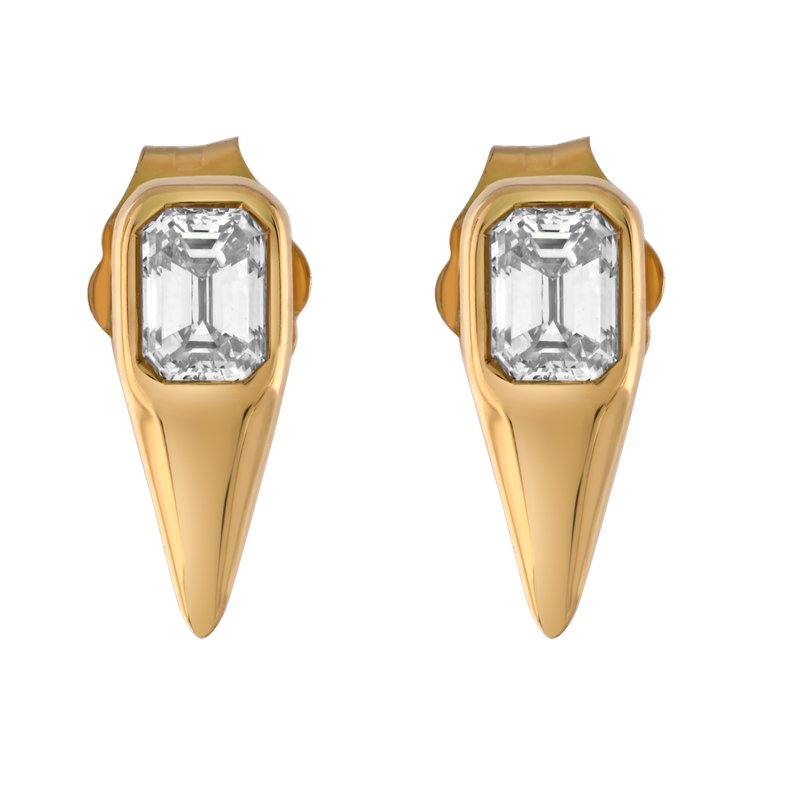 14KT YELLOW GOLD SPIKE STUD EARRINGS WTH EMERALD CUT DIAMONDS 