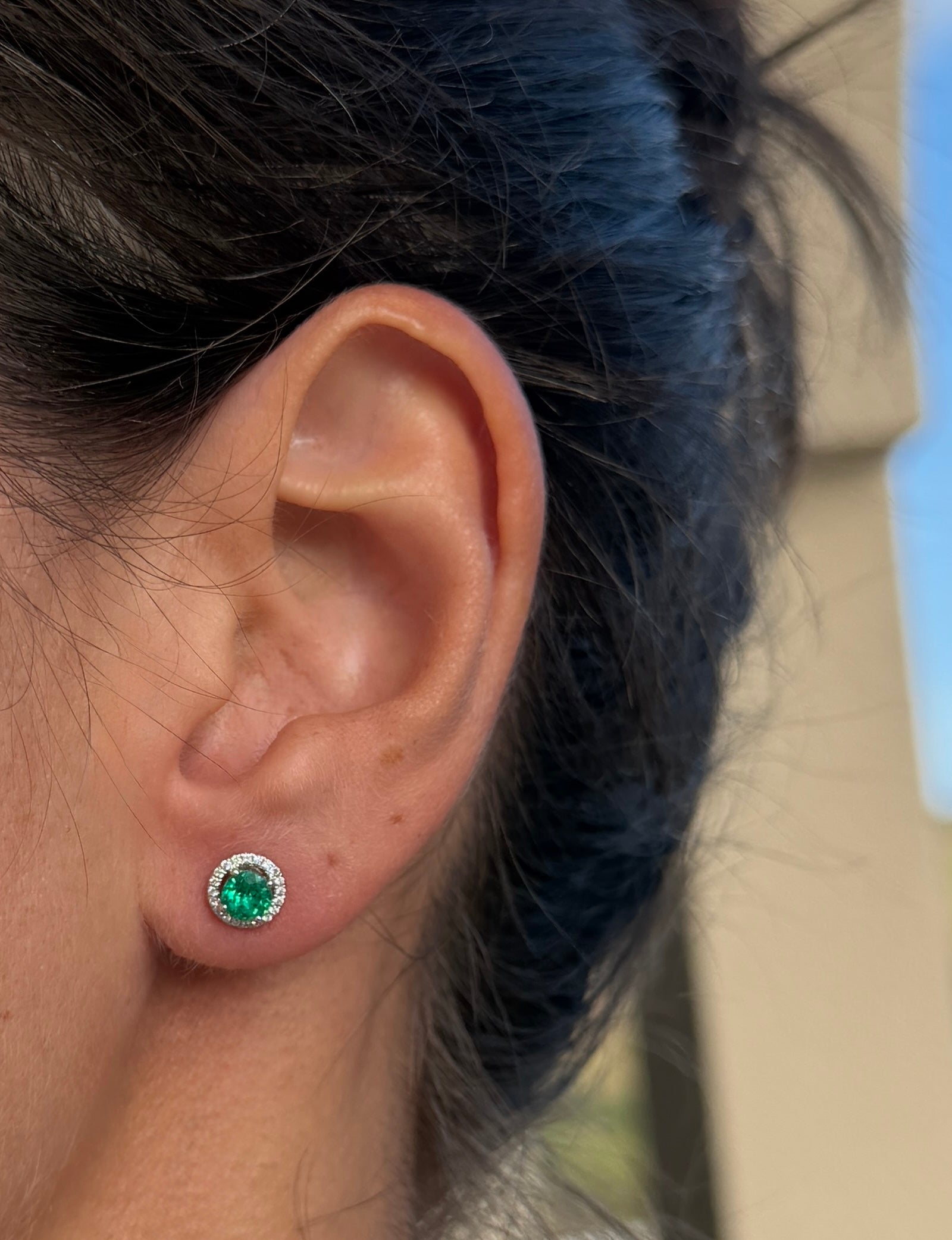 Emerald Round Stud Earrings with Diamond Halos