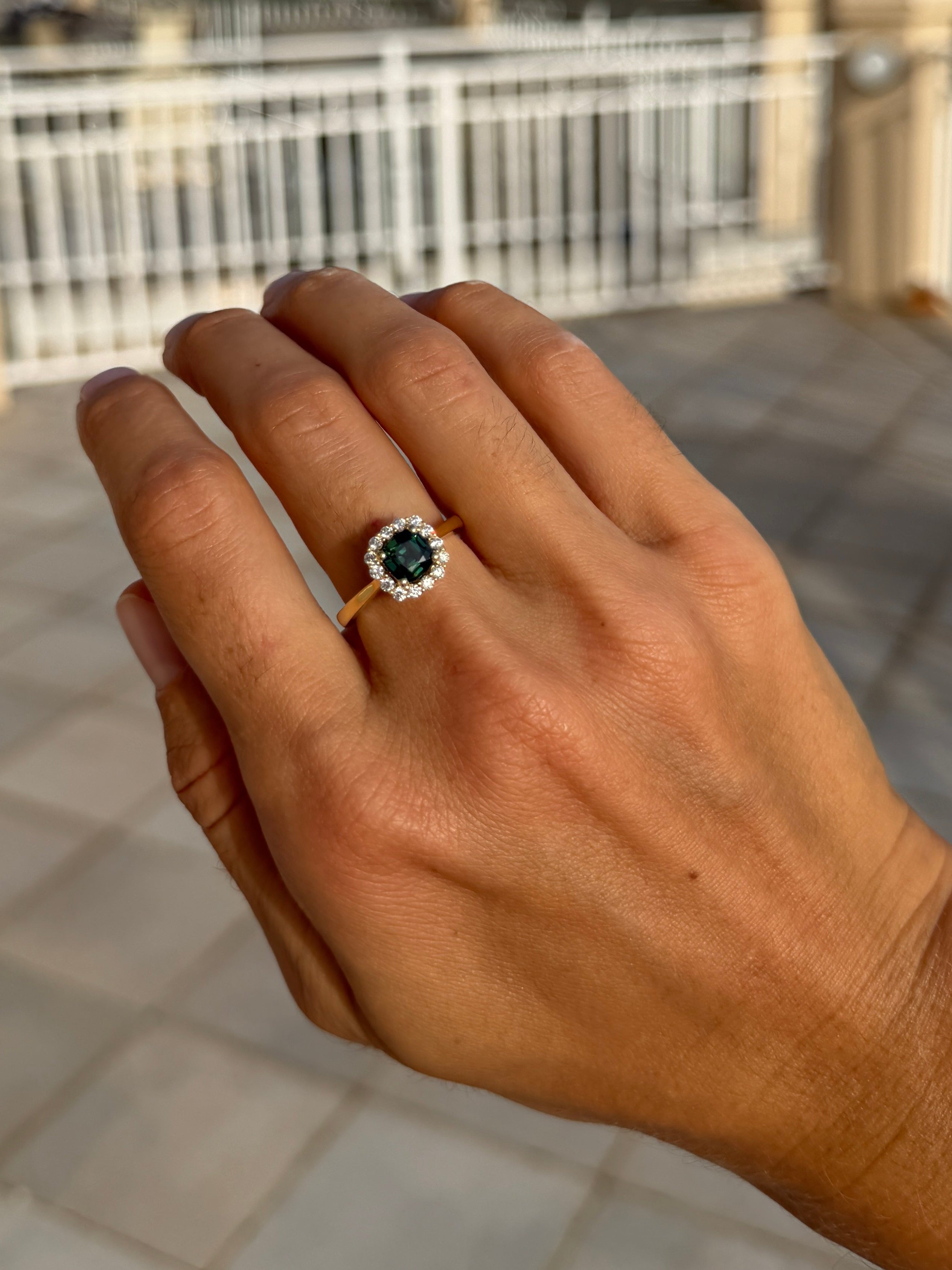 Green Sapphire and Diamond Ring GIA Certified Natural Unheated Sapphire