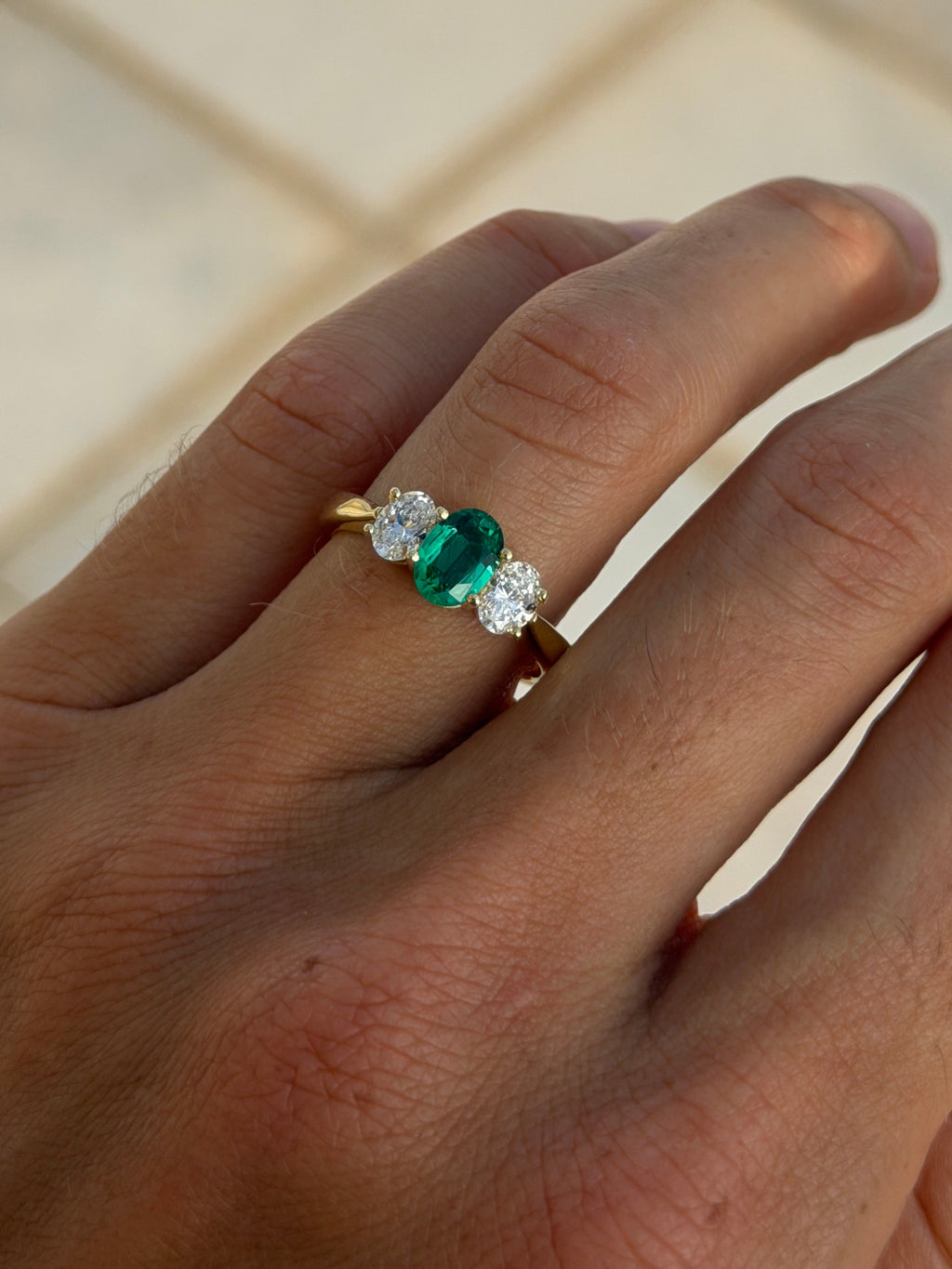 Emerald Ring with Oval Diamond Accents - 18kt Gold