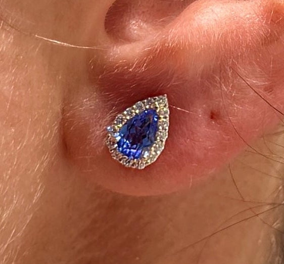 Tanzanite Pear Studs with Diamond Halo