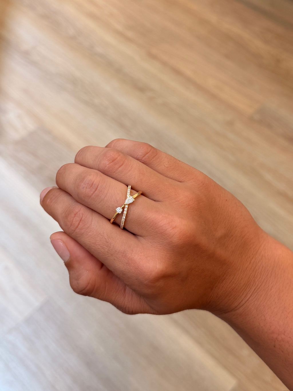 Dainty Criss-Cross Pear & Round Diamond Ring