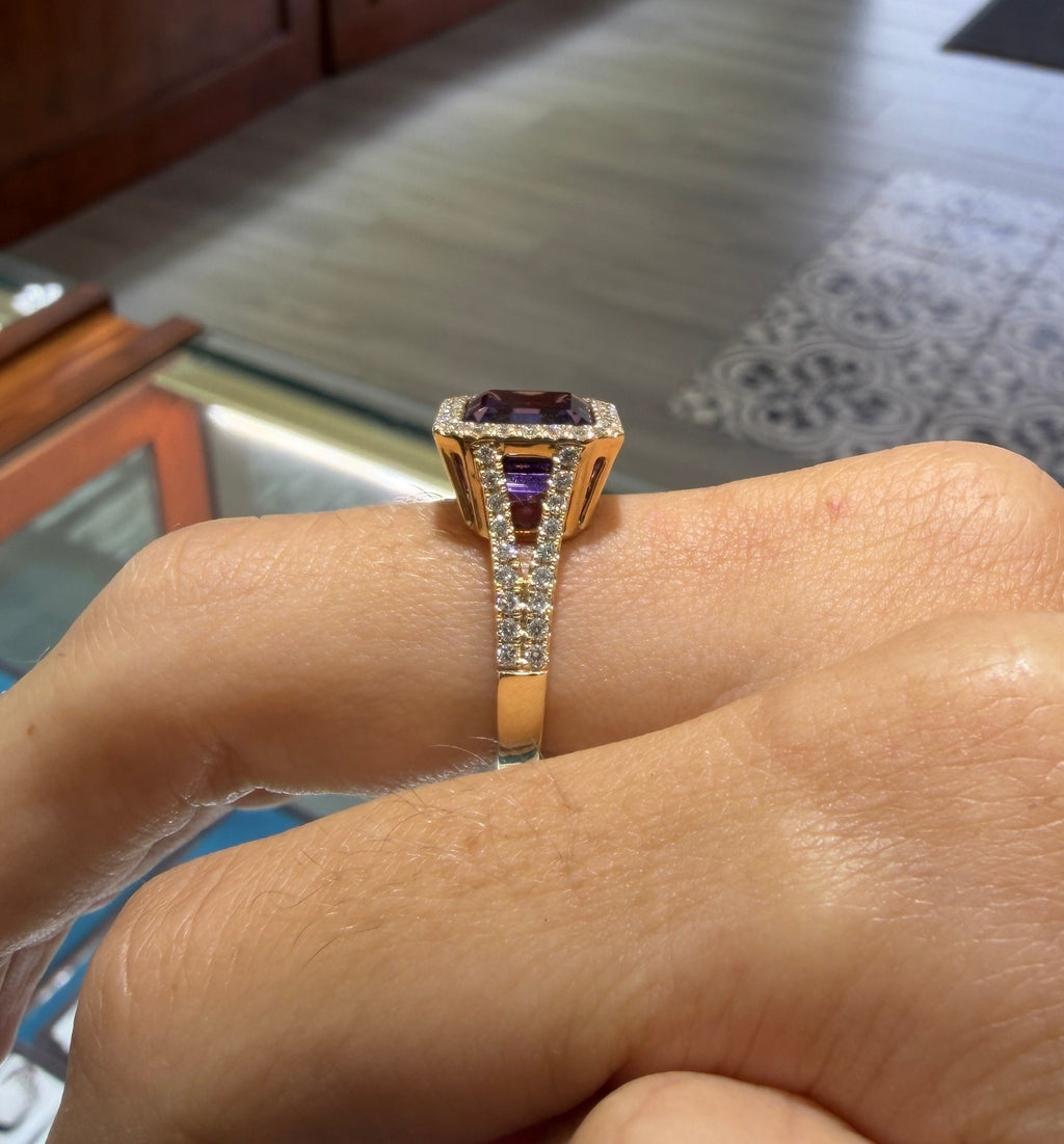 Emerald cut Amethyst Split Shank Ring with Halo