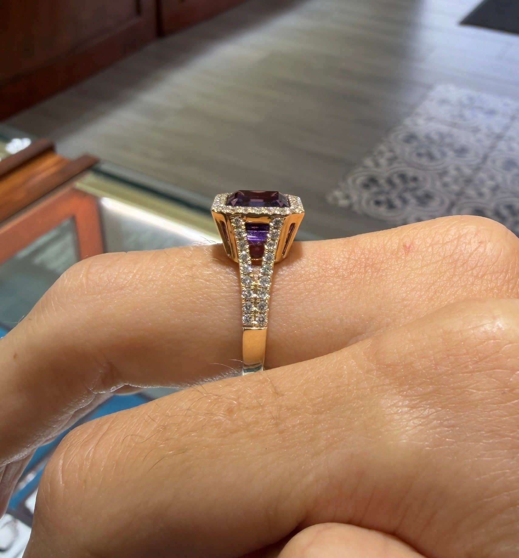 Emerald cut Amethyst Split Shank Ring with Halo
