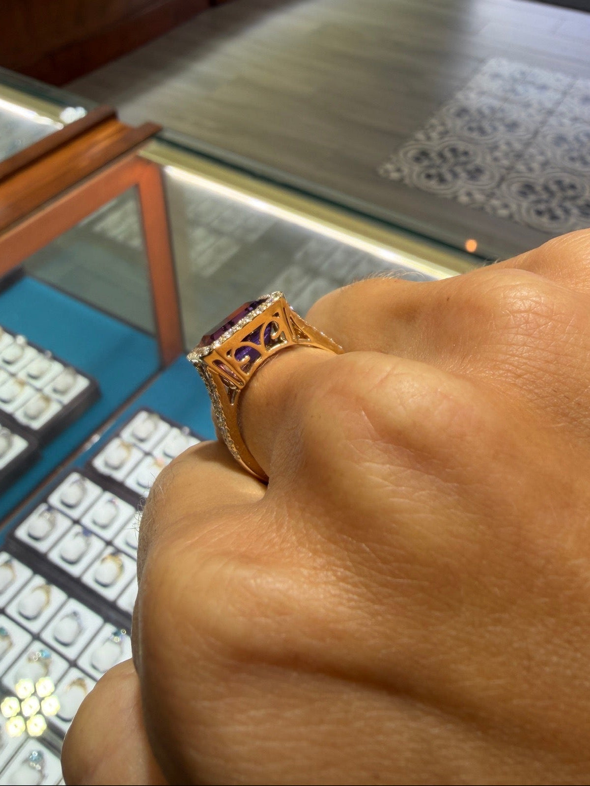 Emerald cut Amethyst Split Shank Ring with Halo