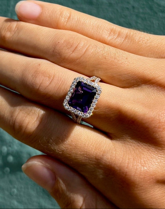 Emerald cut Amethyst Split Shank Ring with Halo