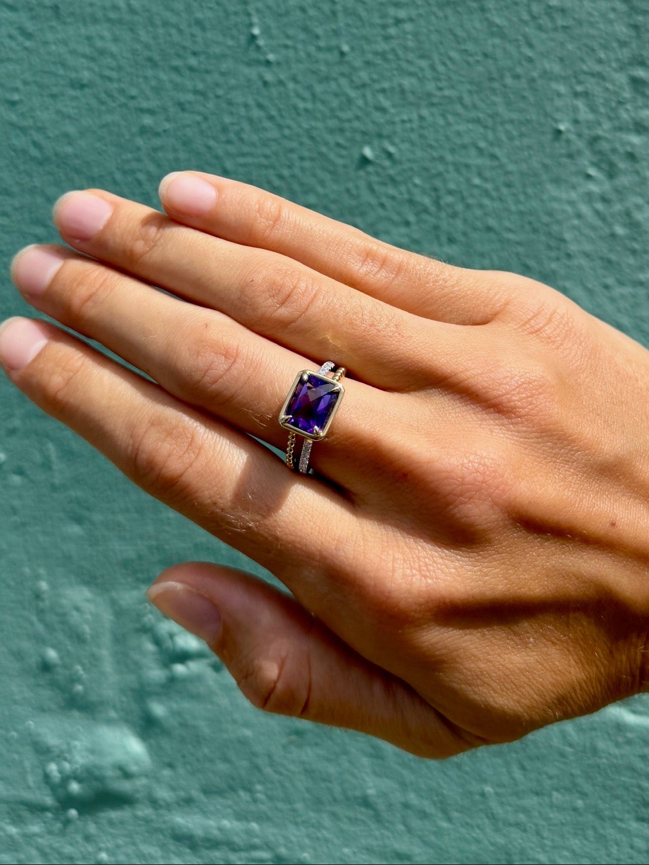 Emerald cut Amethyst Split Shank Ring