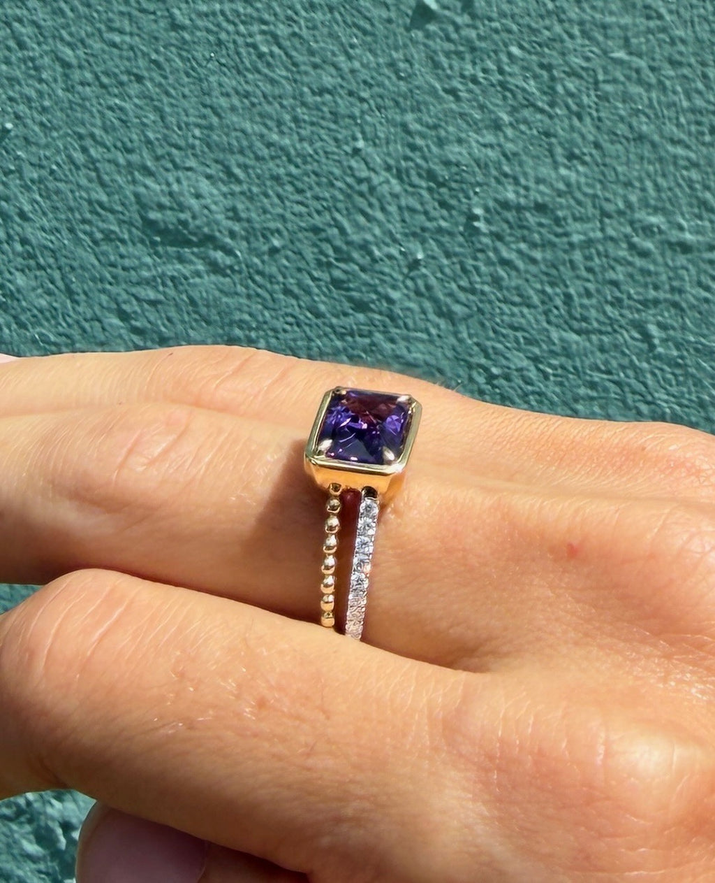 Emerald cut Amethyst Split Shank Ring