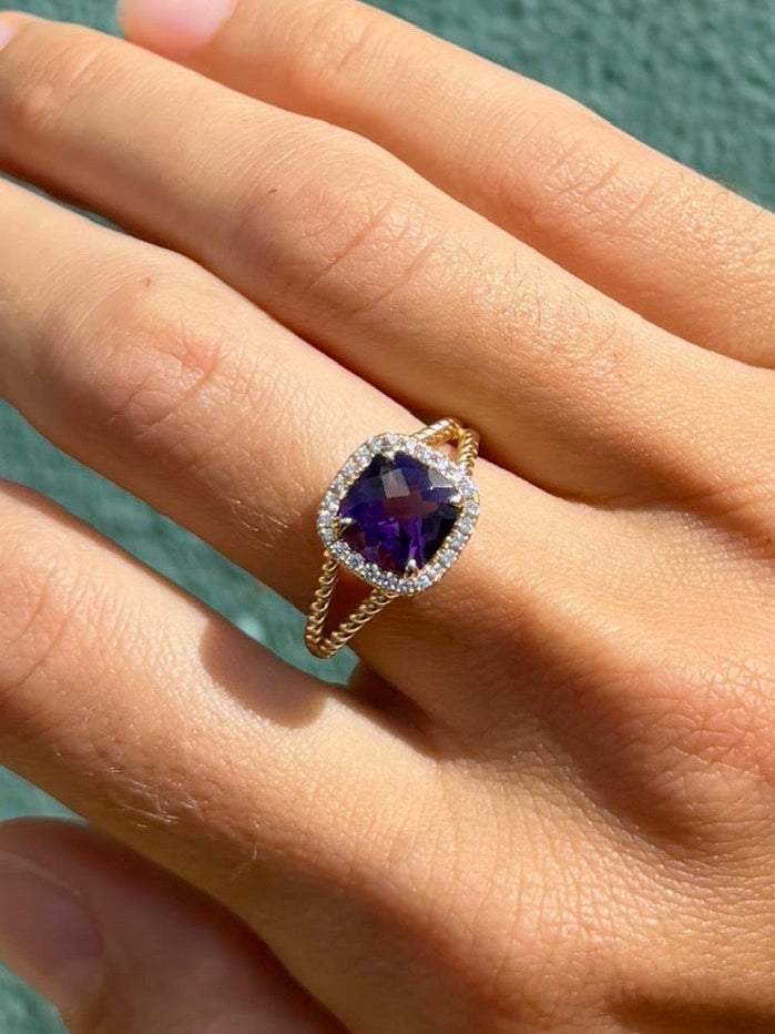 Cushion Cut Amethyst Ring with Halo