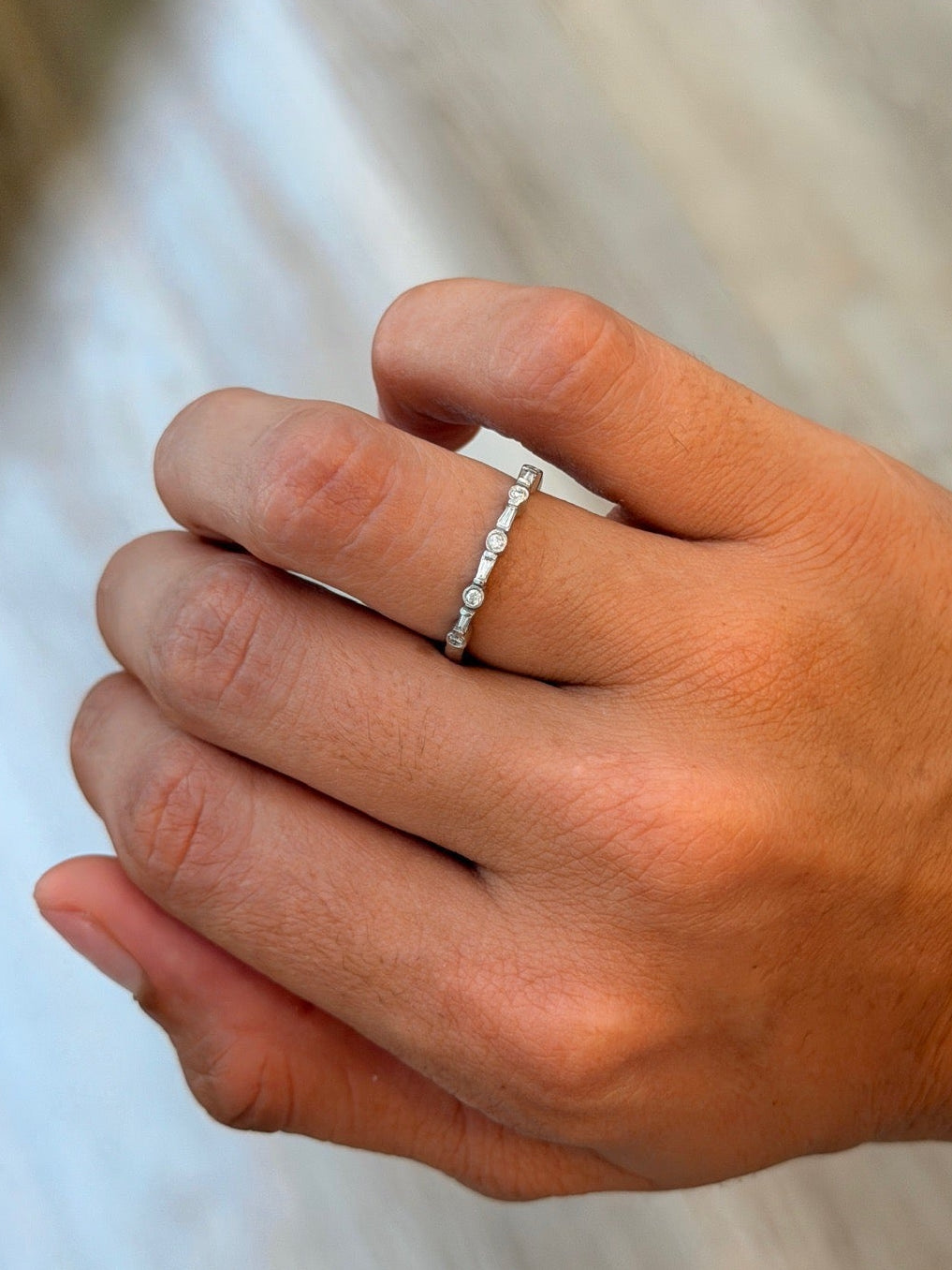 Dainty Alternating Baguette and Round Diamond Ring
