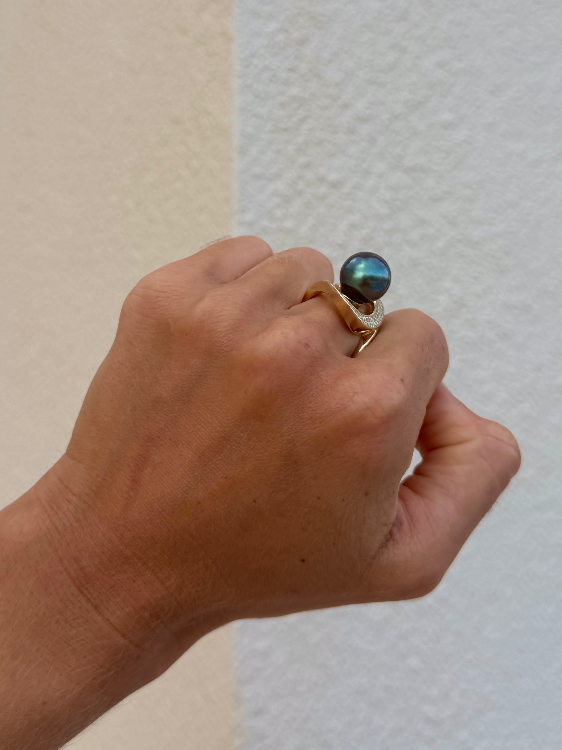 Tahitian Pearl & Diamond Wave Cocktail Ring