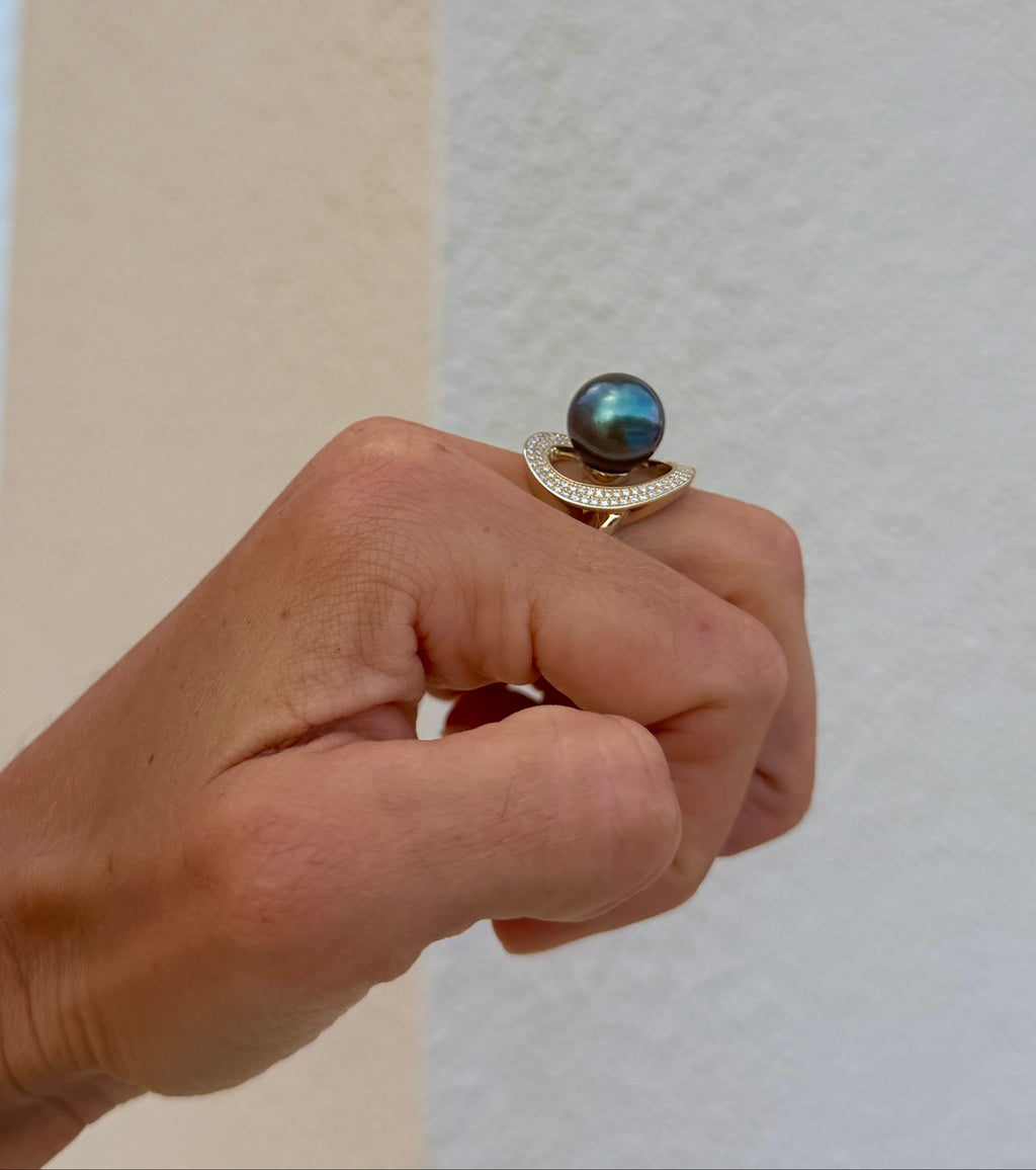 Tahitian Pearl & Diamond Wave Cocktail Ring