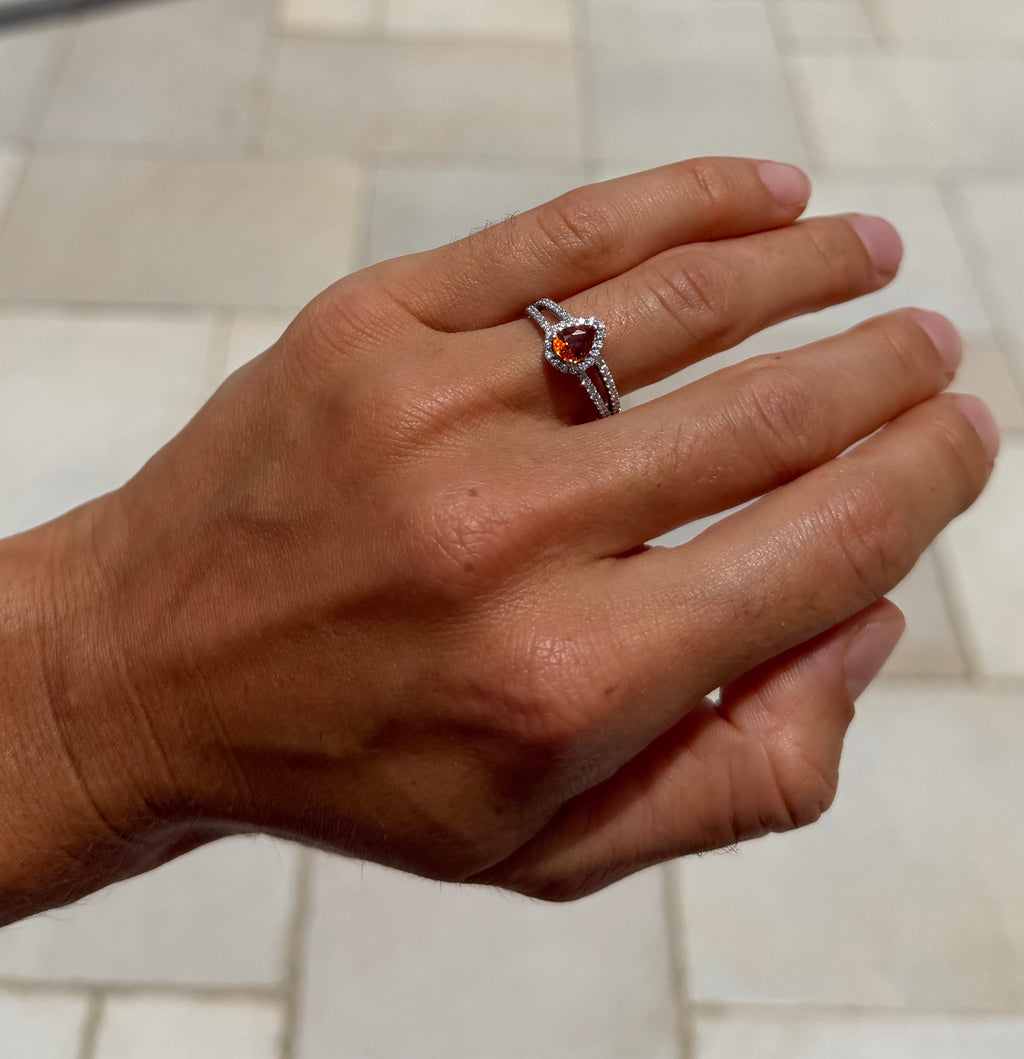 Orange Sapphire Pear and Diamond Halo Ring with Split Shank - GIA Certified Natural