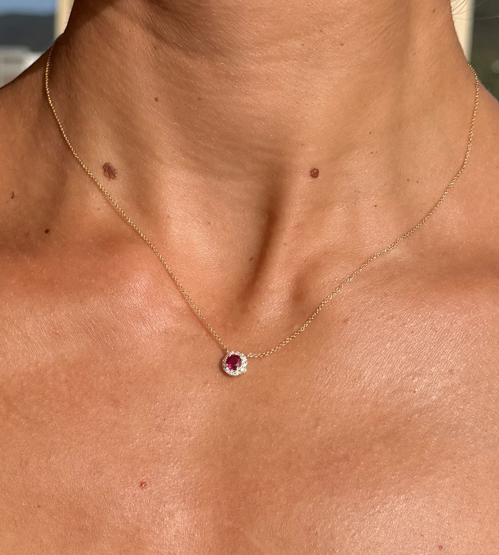 Ruby Pendant Necklace with Diamond Halo