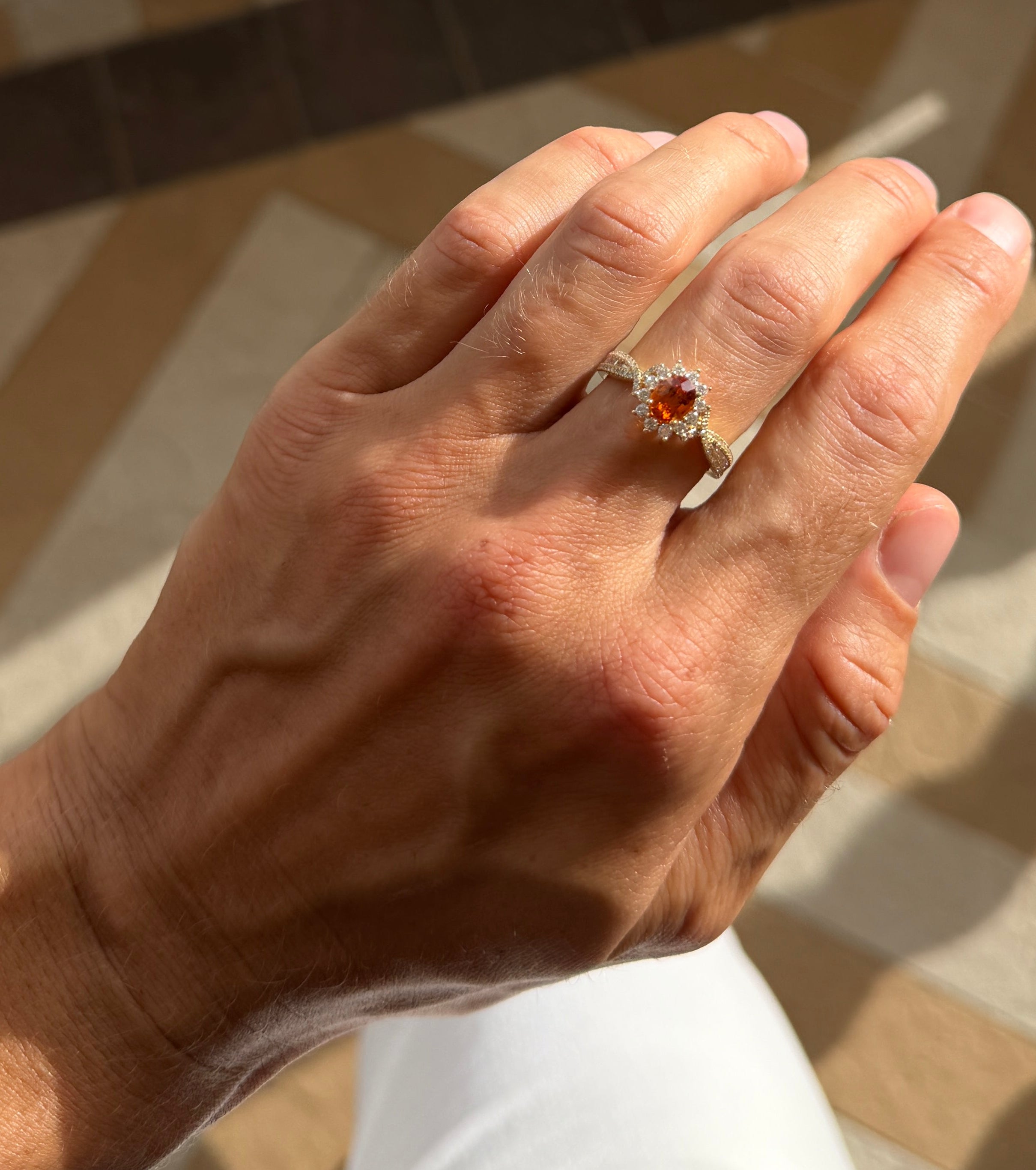 Orange Sapphire and Diamond Sunburst Ring - GIA Certified Natural