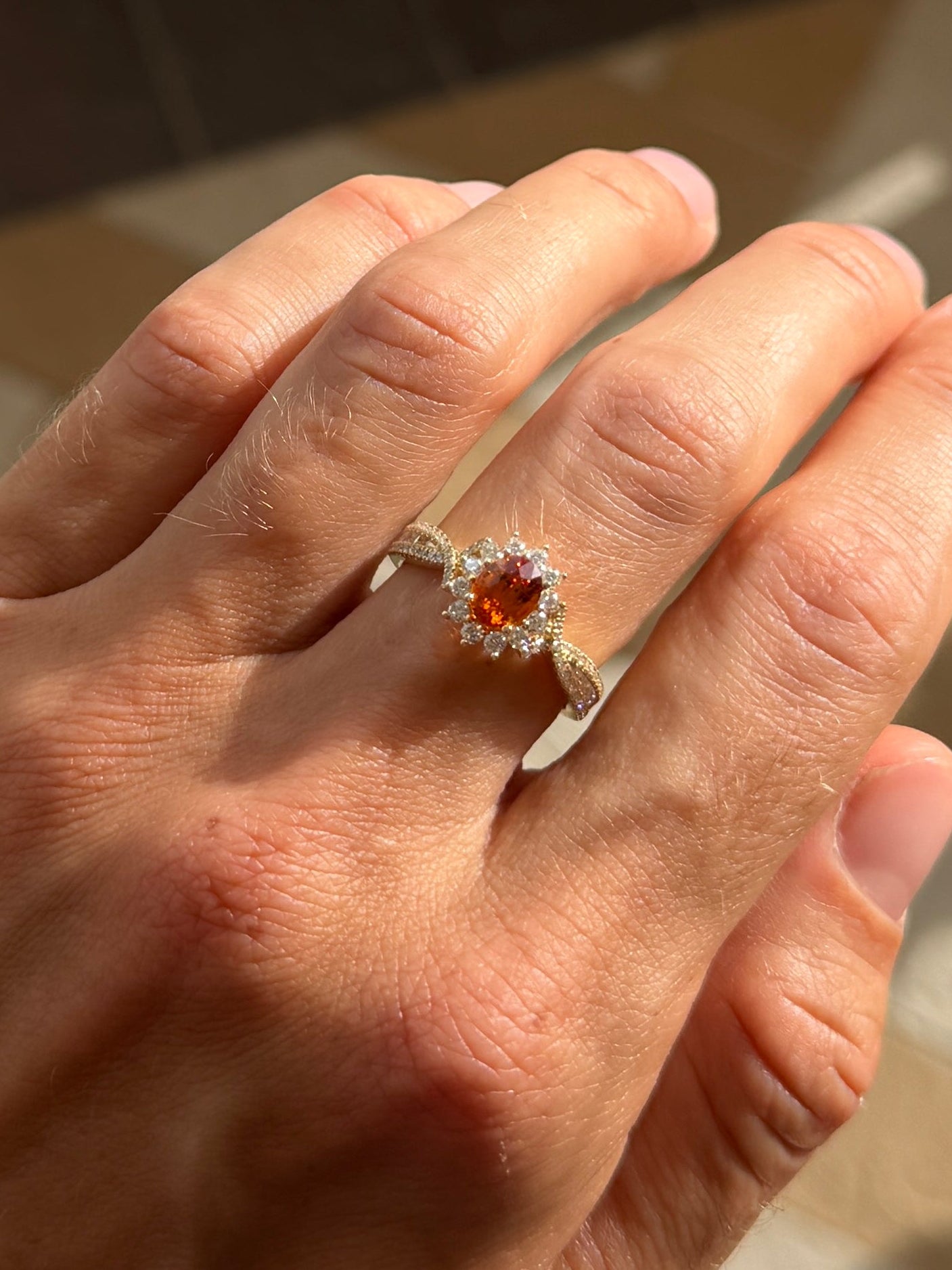 Orange Sapphire and Diamond Sunburst Ring - GIA Certified Natural