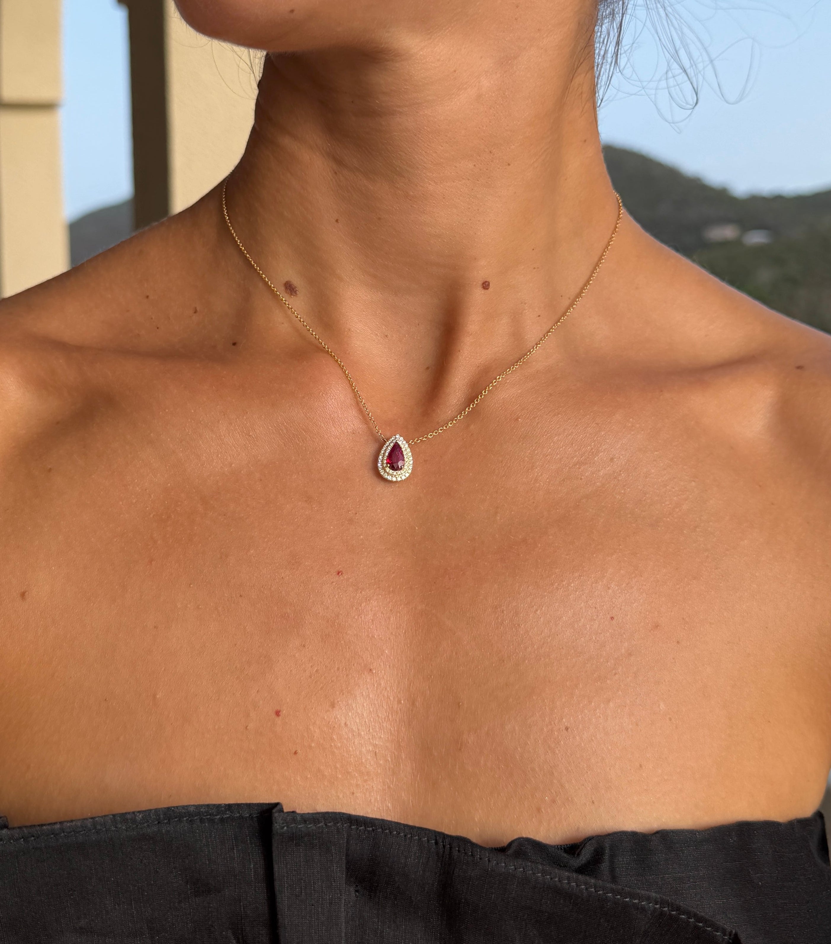 Ruby Teardrop Pendant Necklace with Diamond Halo