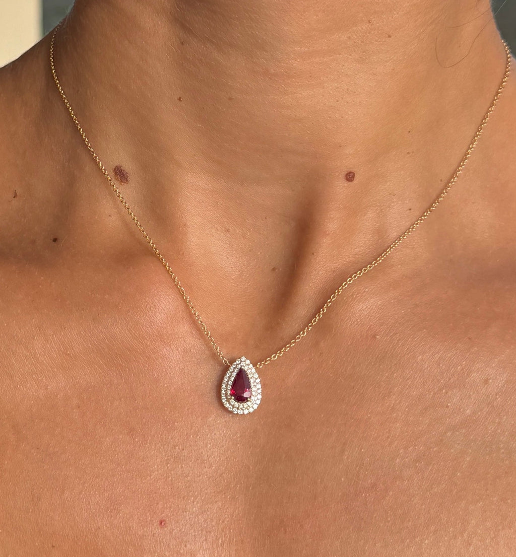 Ruby Teardrop Pendant Necklace with Diamond Halo