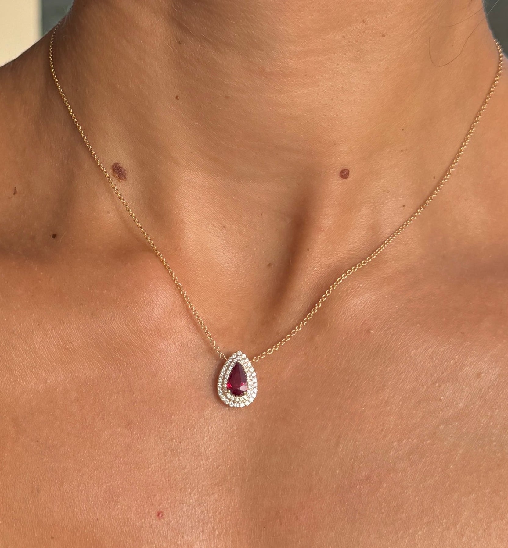 Ruby Teardrop Pendant Necklace with Diamond Halo