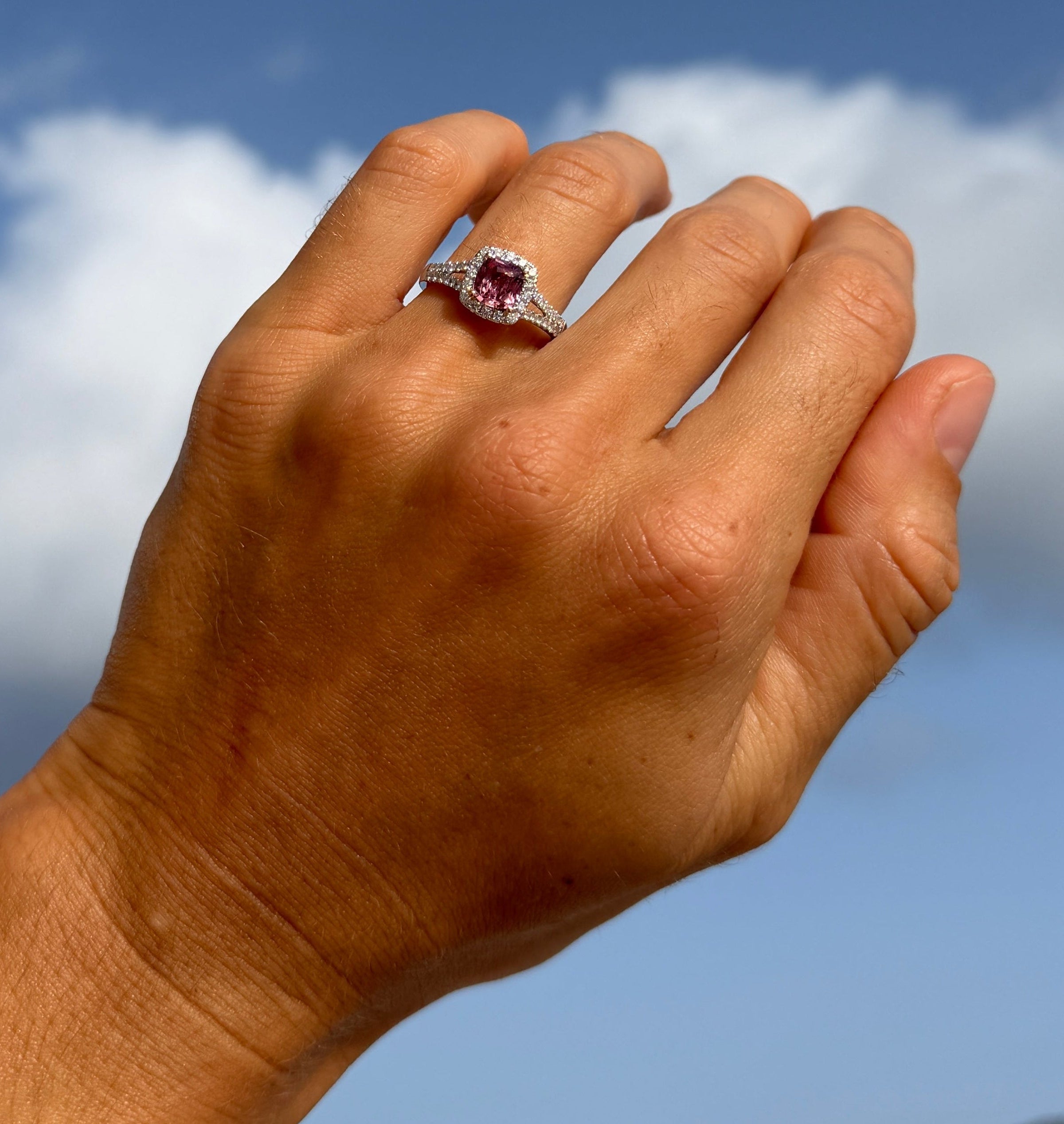 Padparadscha Sapphire Ring with Split Shank and Diamond Halo - GRS Certified Natural